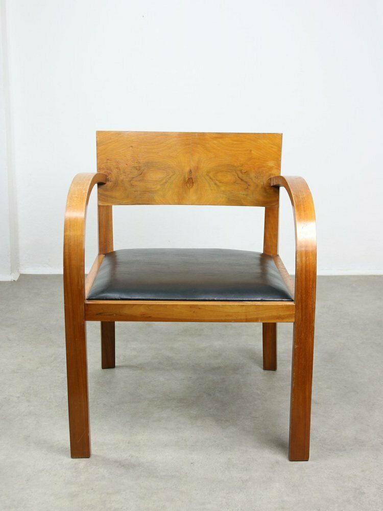photo for sale Large Italian Art Deco Lounge Chairs In Wood & Black Leatherette, Set Of 2