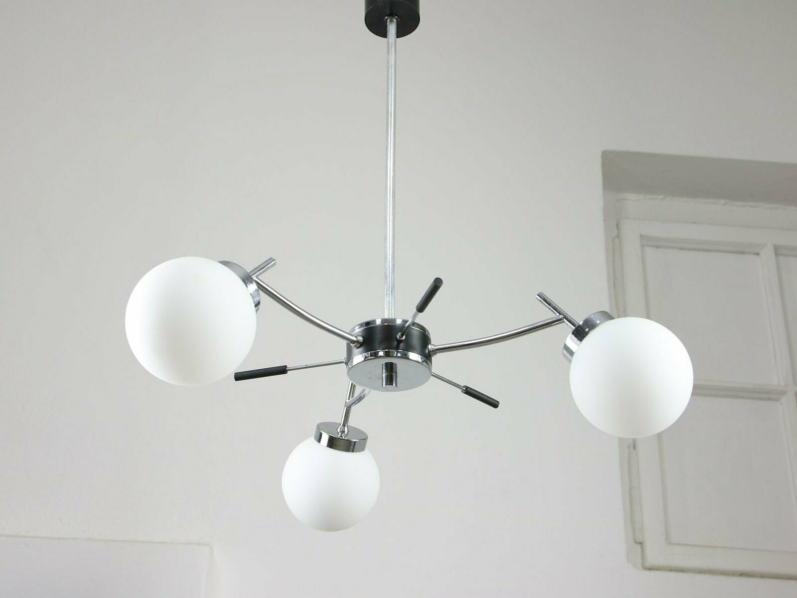 Mid Century Italian Chrome And Opaline Chandelier