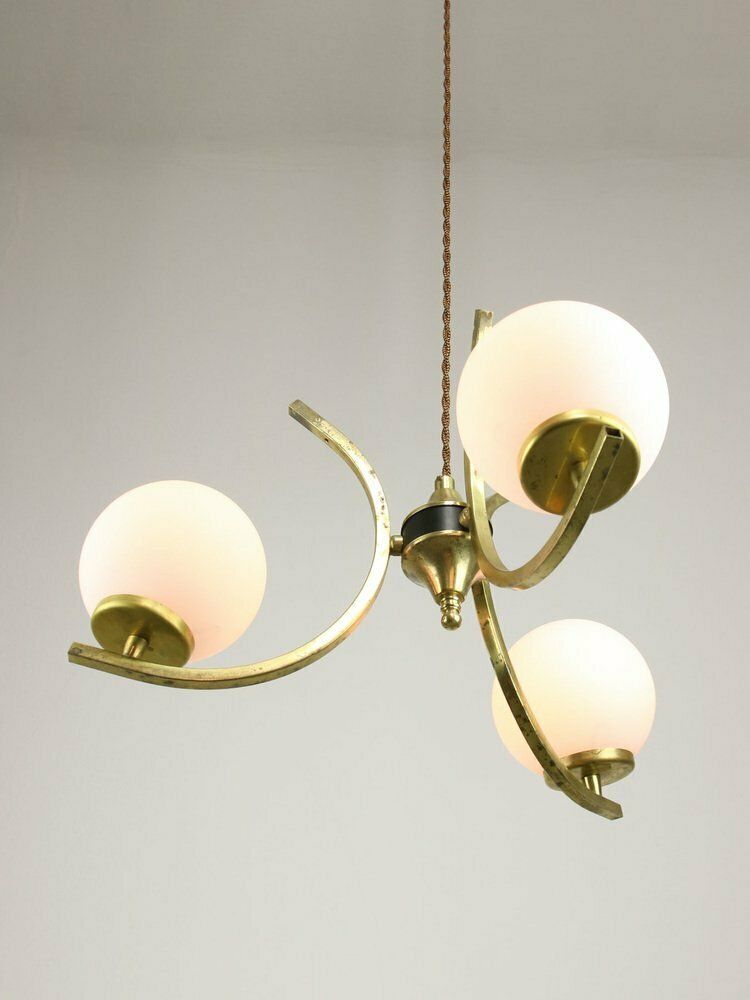 Mid Century Italian Brass And Opaline Chandelier photo furniture