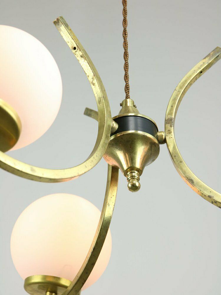 Mid Century Italian Brass And Opaline Chandelier photo vintage