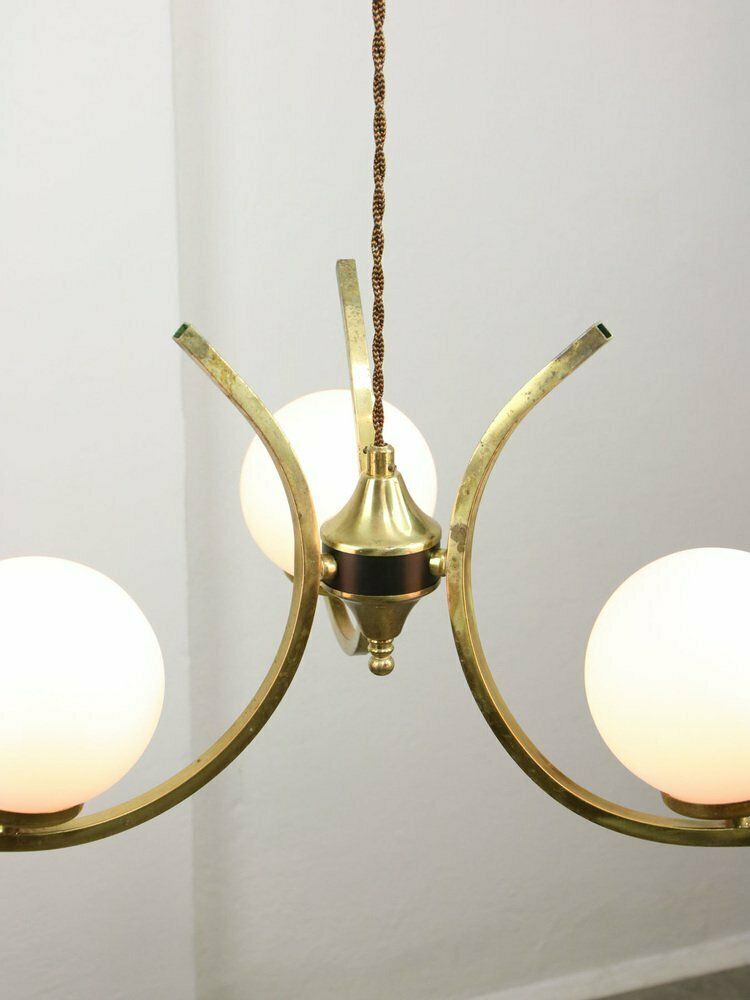 923.0 Mid Century Italian Brass And Opaline Chandelier photo