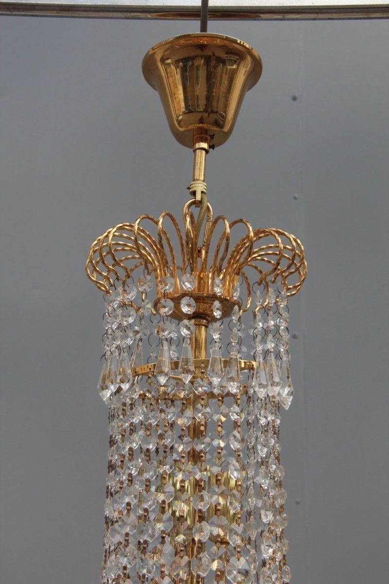 Precious Elegant Italian Chandelier Of 1970 Structure In Gilded Brass  Swarovski Crystals photo vintage