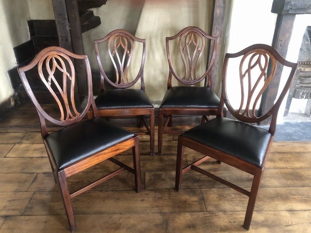 photo furniture Rare Original Georgian Antique Black Genuine Leather Early Hepplewhite Country Chairs 1700 C Set Of 4