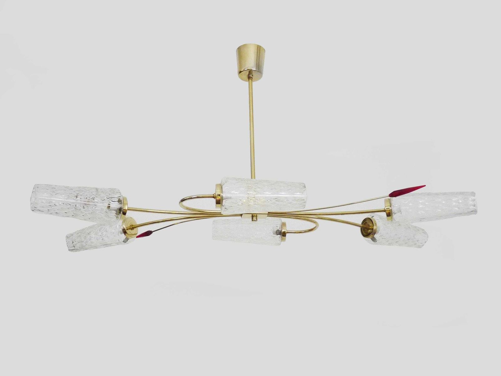 Antique Chandelier With 6 Branches, 2 Red Arrows, Brass And Diamond Glass Tubes, Vintage Lighting. 70s photo for sale