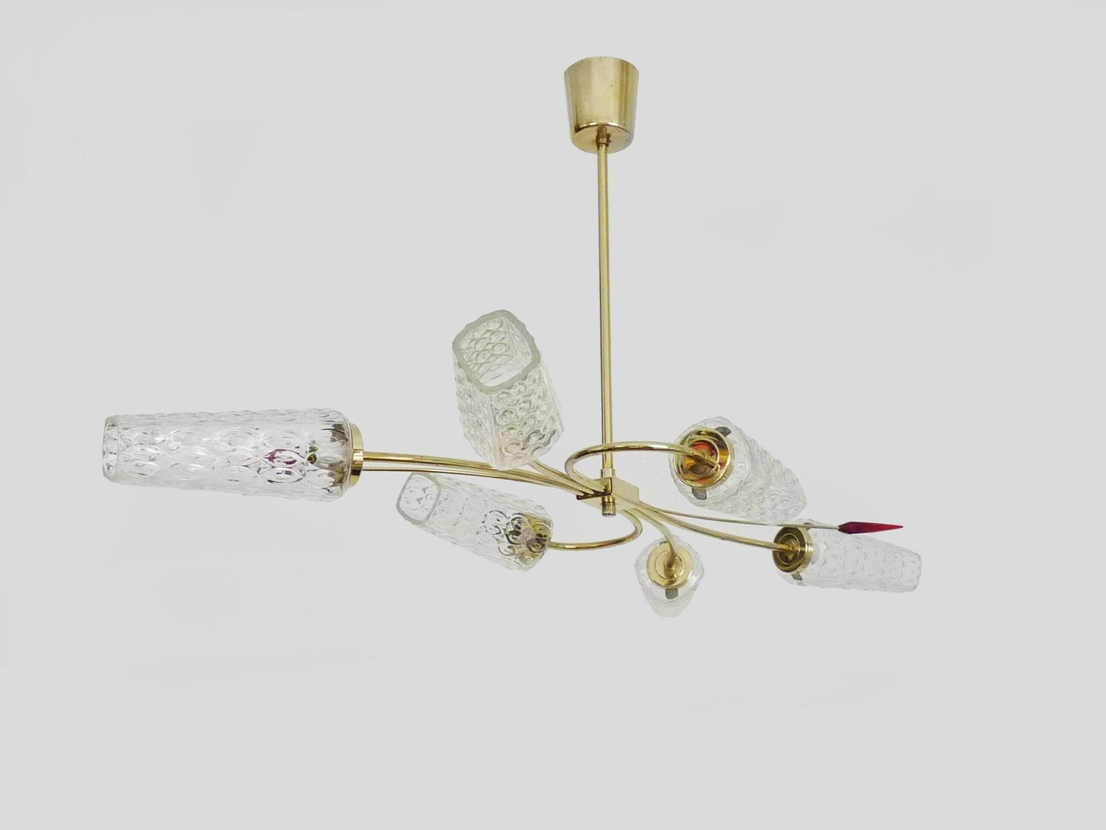 Antique Chandelier With 6 Branches, 2 Red Arrows, Brass And Diamond Glass Tubes, Vintage Lighting. 70s photo Lighting