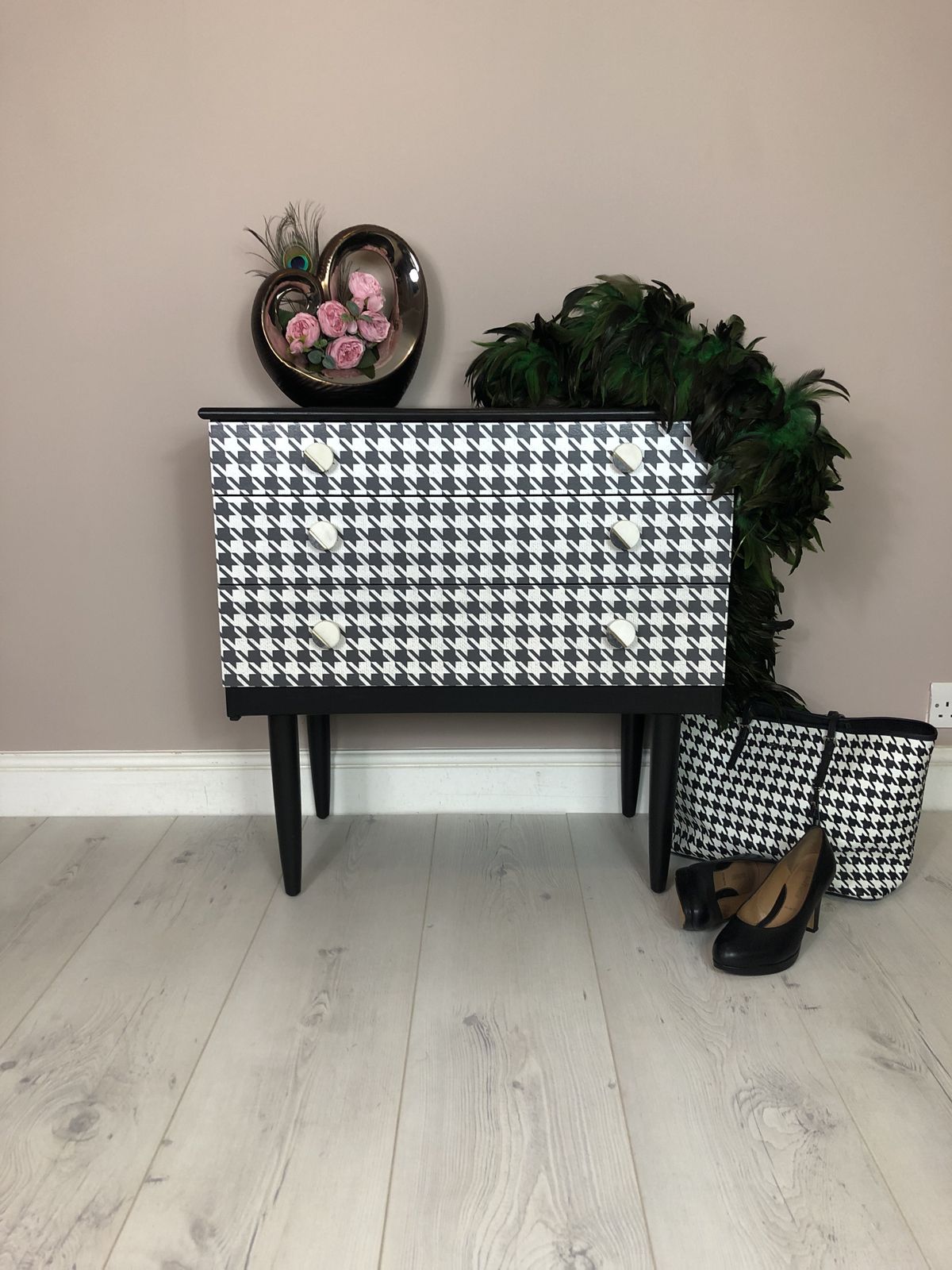 Schreiber Retro Chest Of 3 Drawer/ Side Table, Hand Painted In Black Satin Colour, Decoupaged With Dogtooth Pattern/ Marble Handles photo Furniture