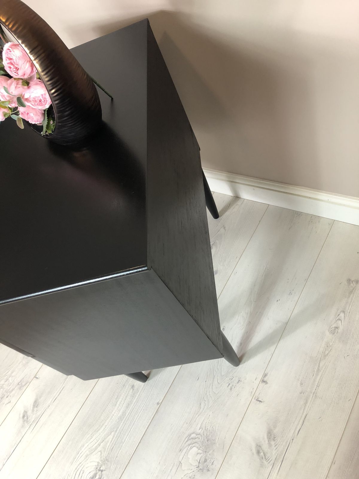 Schreiber Retro Chest Of 3 Drawer/ Side Table, Hand Painted In Black Satin Colour, Decoupaged With Dogtooth Pattern/ Marble Handles photo buy