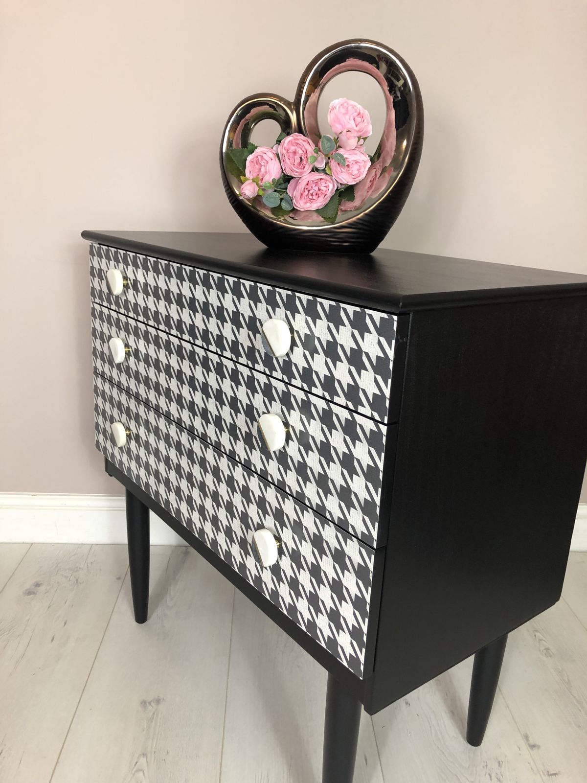 Schreiber Retro Chest Of 3 Drawer/ Side Table, Hand Painted In Black Satin Colour, Decoupaged With Dogtooth Pattern/ Marble Handles photo vintage