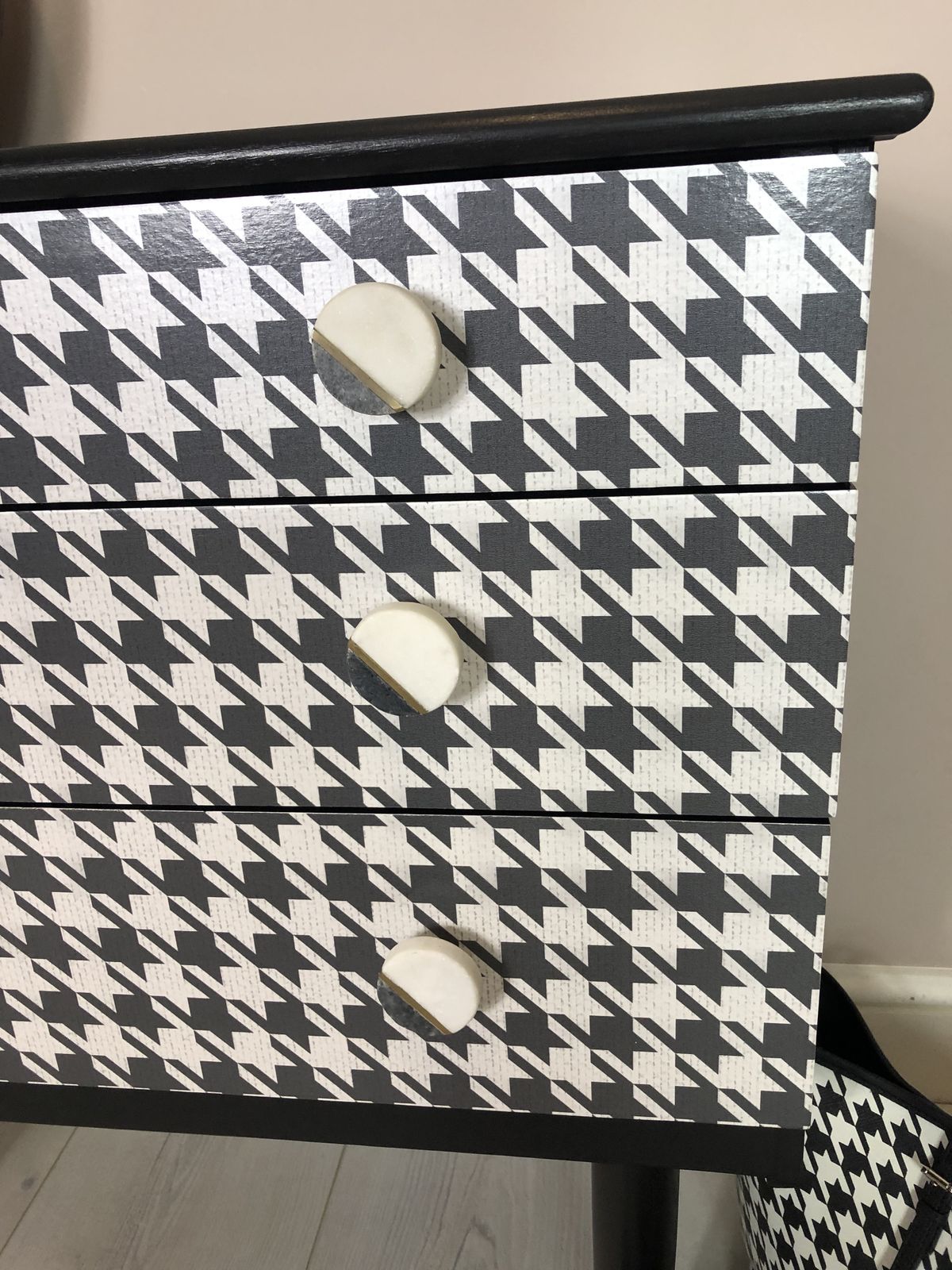 photo for sale Schreiber Retro Chest Of 3 Drawer/ Side Table, Hand Painted In Black Satin Colour, Decoupaged With Dogtooth Pattern/ Marble Handles