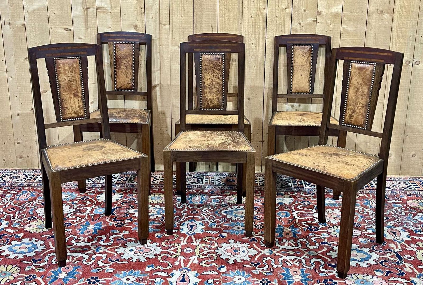 Series Of 6 Art Deco Chairs In Mahogany And Leather From The 1930s photo furniture