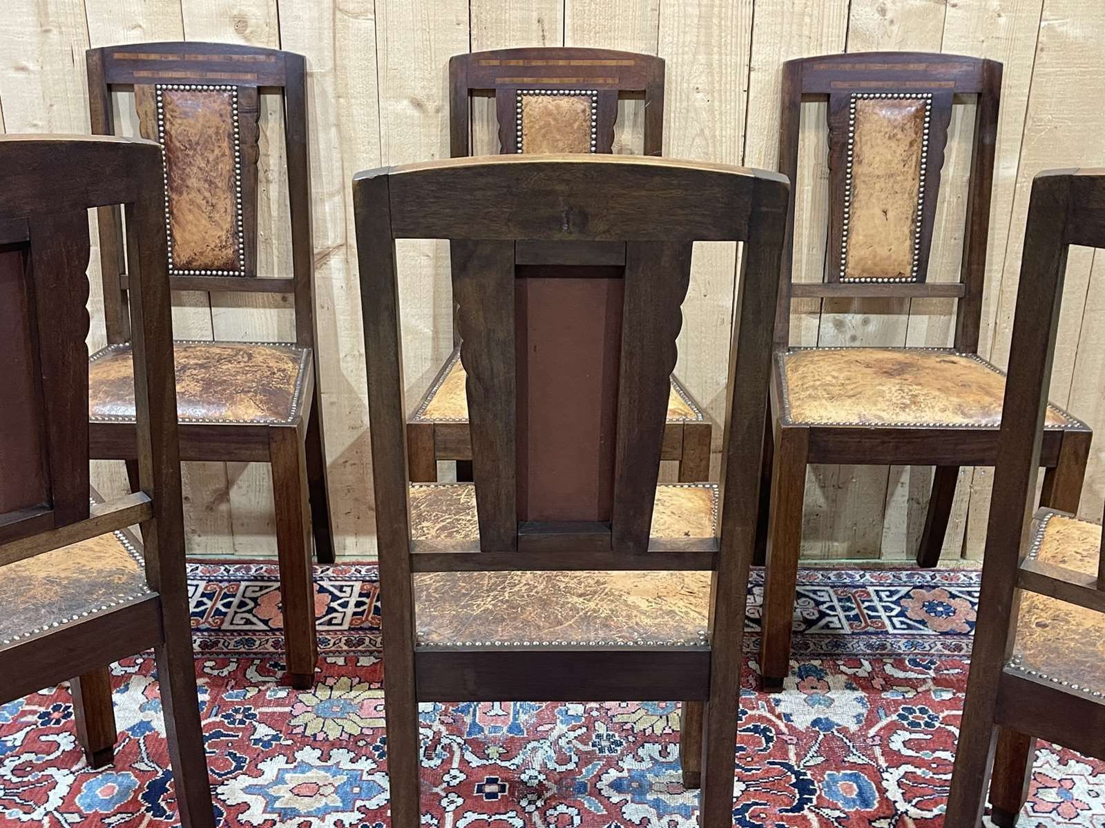 photo vinterior Series Of 6 Art Deco Chairs In Mahogany And Leather From The 1930s