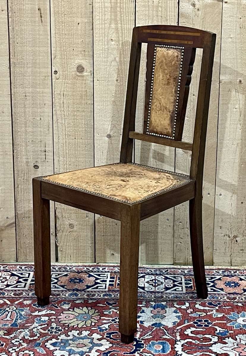 photo vintage Series Of 6 Art Deco Chairs In Mahogany And Leather From The 1930s