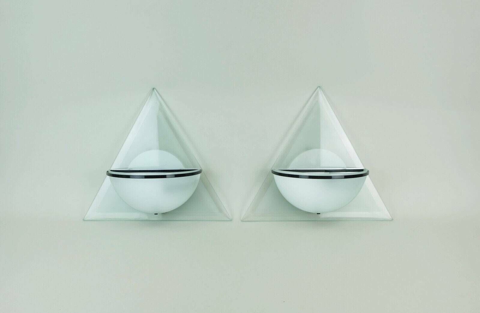 Pair Of Italian 1980s Sconces Wall Lamps Lamperti Model Illo Etched Glass And Metal photo for sale