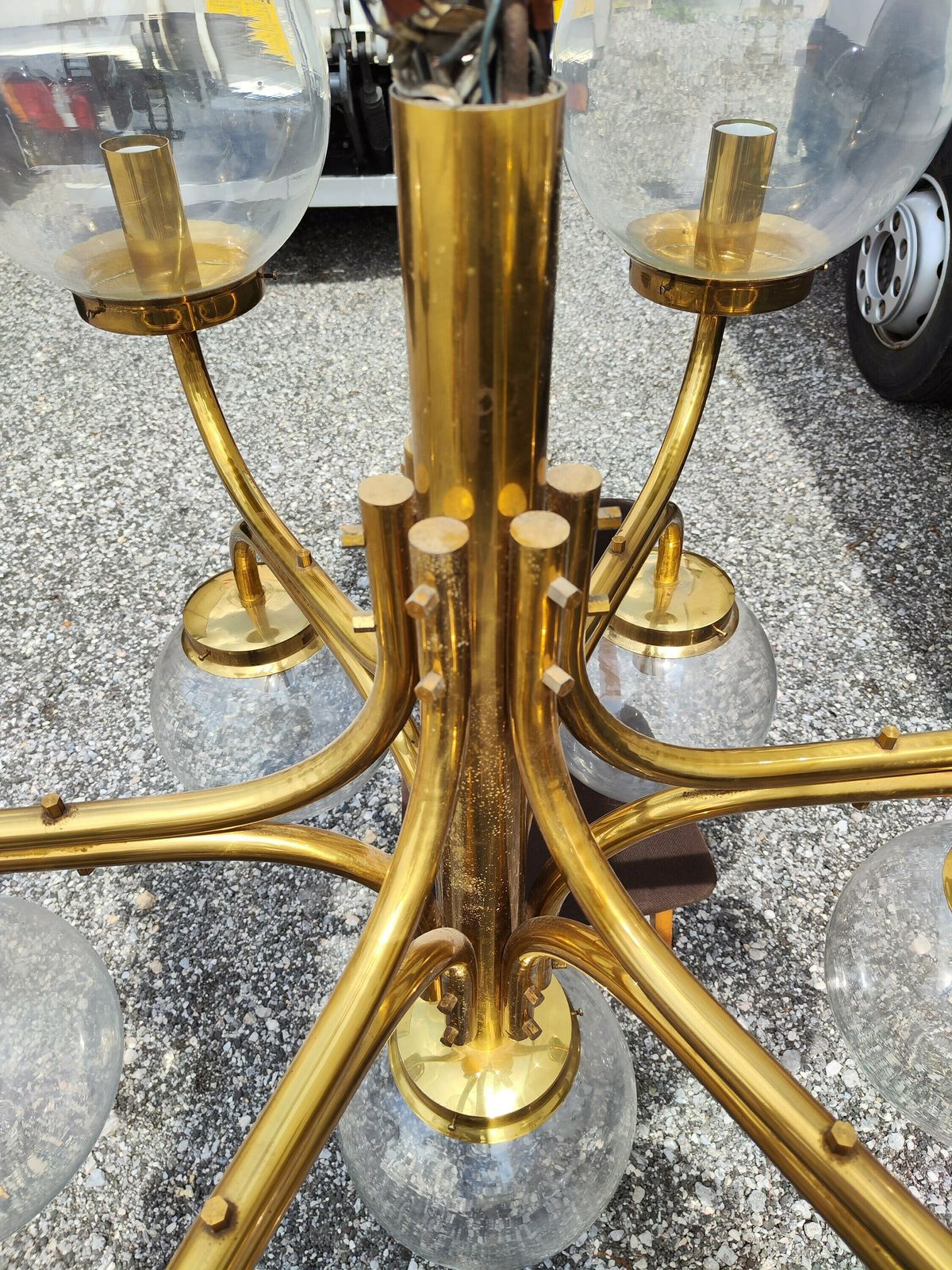 Large Brass Pendant Chandelier / Hanging Light With Big Glass Bulbs / Italian Style Light / Hall / Church / Old Money Light / 1960 / Xxl photo 2313.0