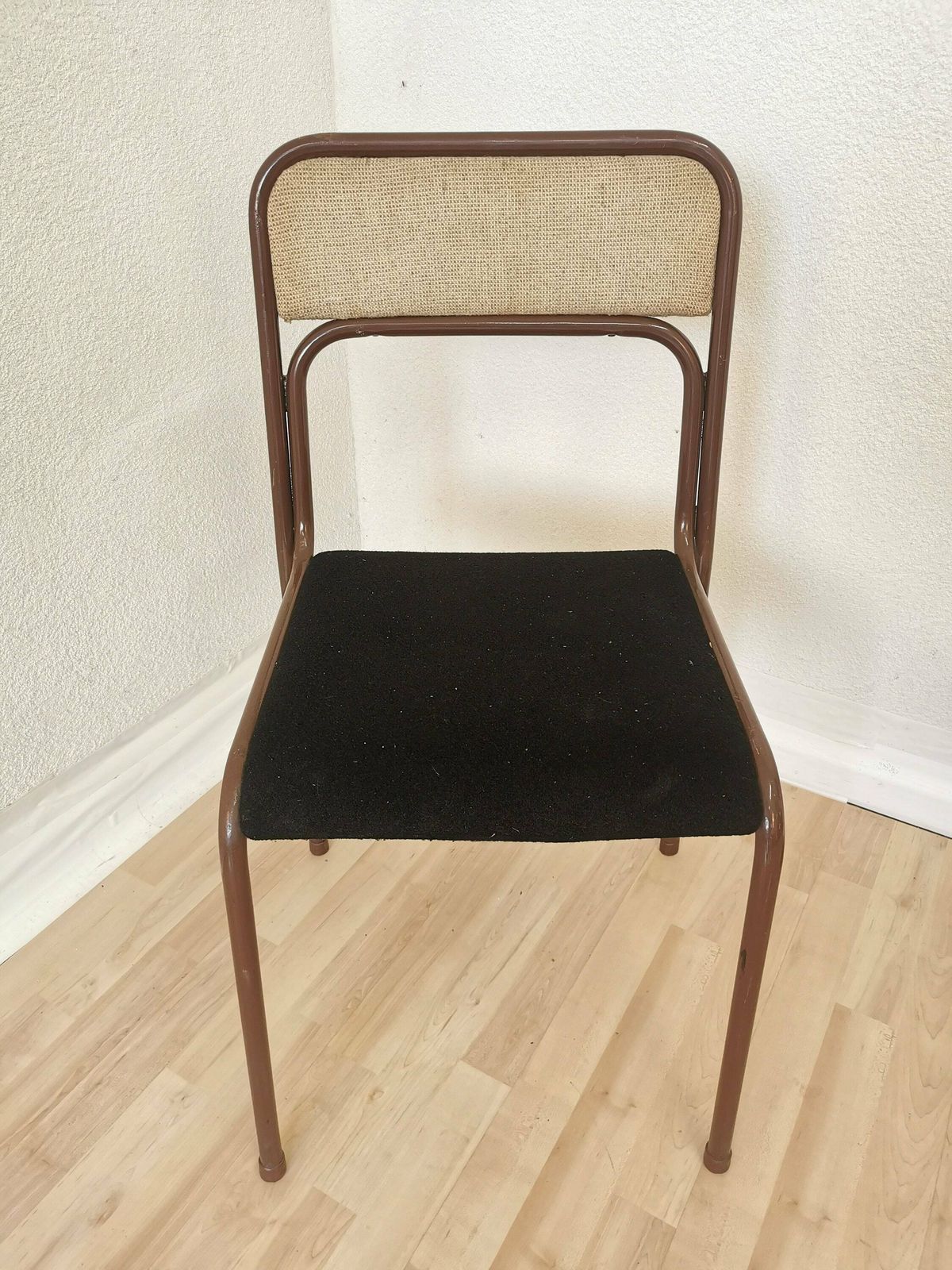 Vintage Brown Metal Dine Chair With Retro Brown And Black Fabric /1970s, Yugoslavia / Baša / Space Age Dining / Stackable Chrome Tubular photo furniture