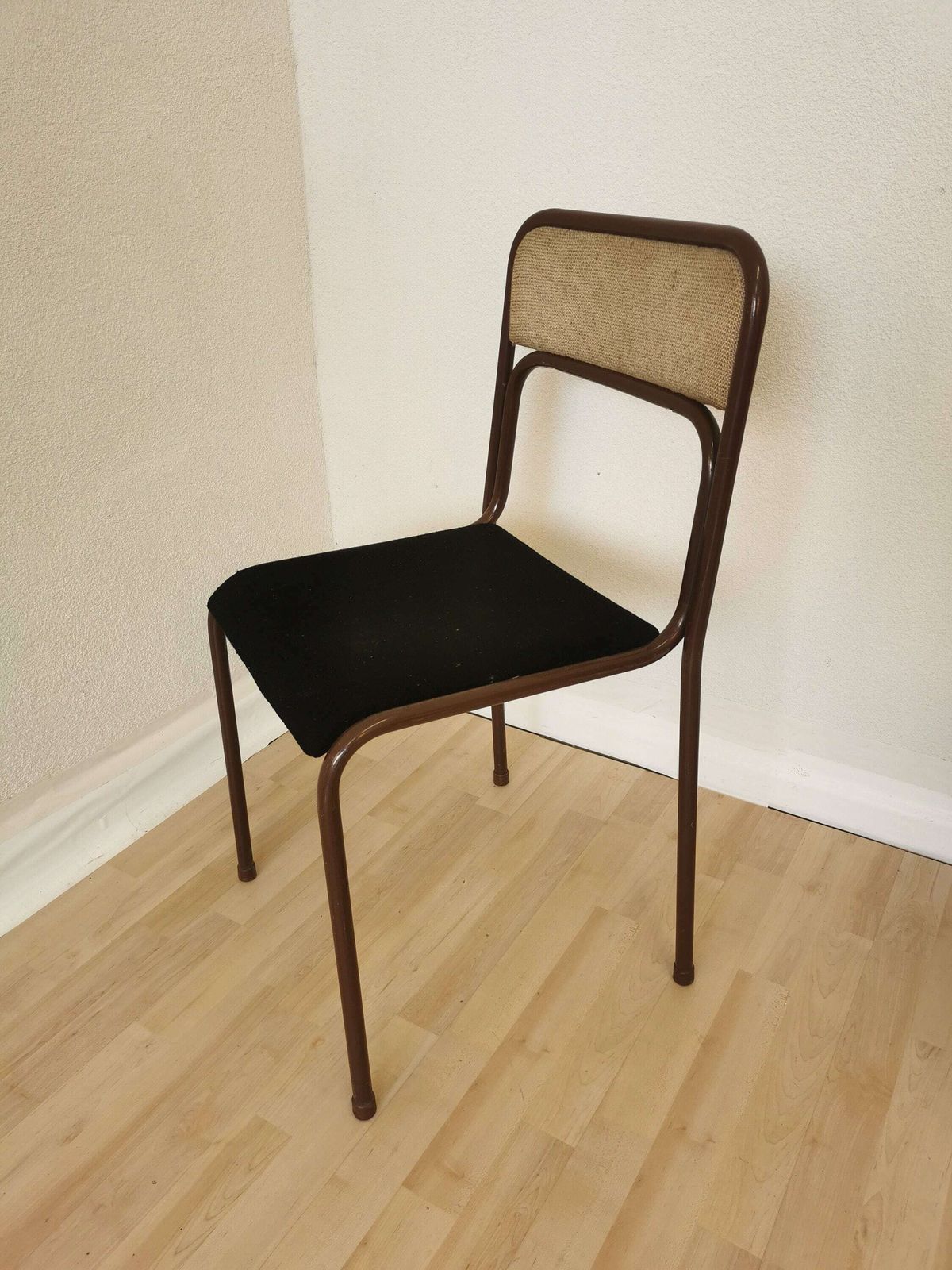 Vintage Brown Metal Dine Chair With Retro Brown And Black Fabric /1970s, Yugoslavia / Baša / Space Age Dining / Stackable Chrome Tubular photo Furniture
