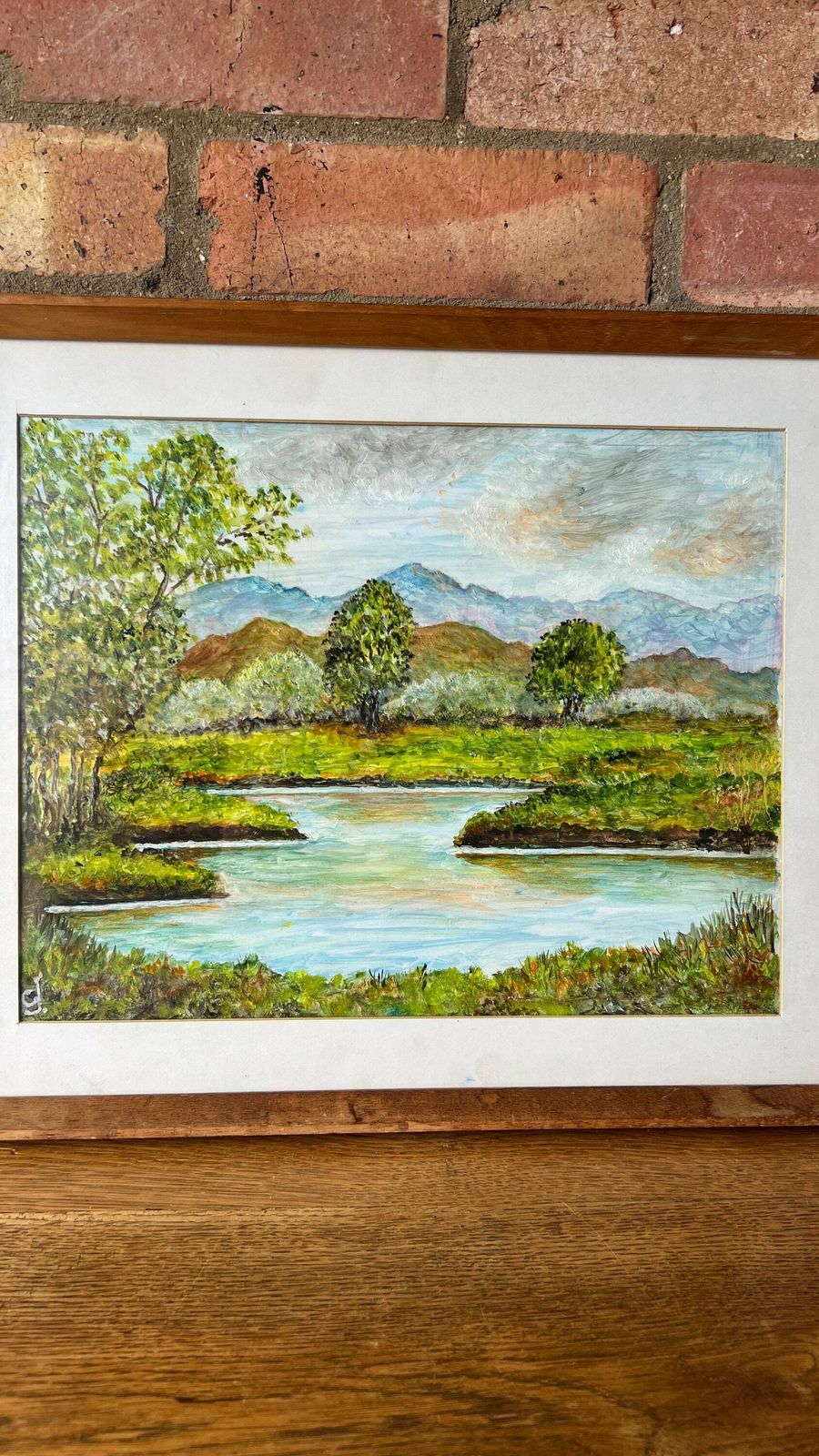 Original Vintage Framed Oil Painting Depicting A Landscape Of Lake And Mountains photo vintage