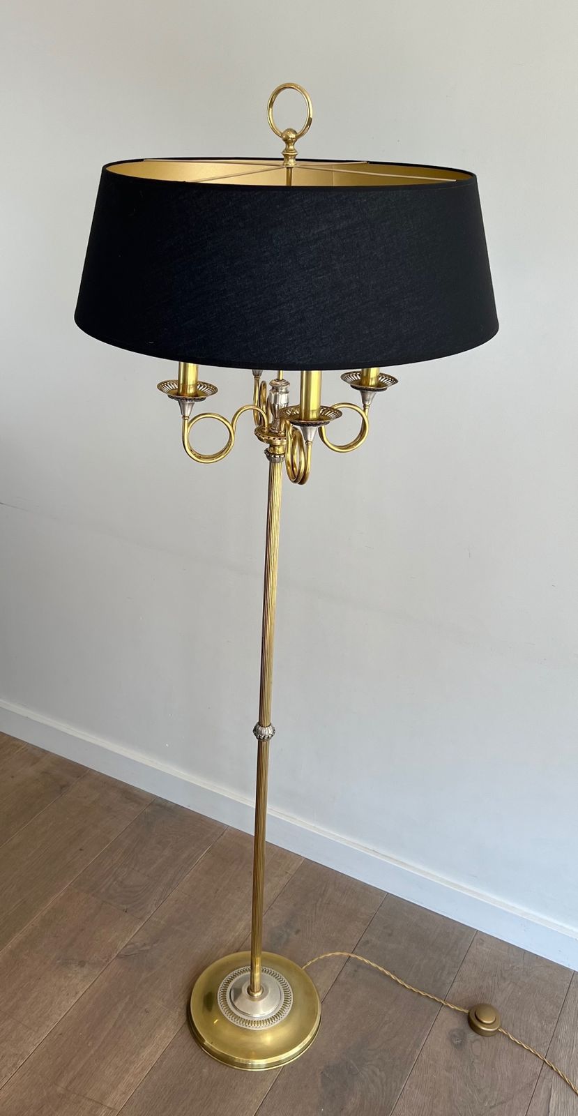 Pair Of Parquet Floor Lamps In Brushed Steel And Brass. In The Style Of Maison Charles photo for sale
