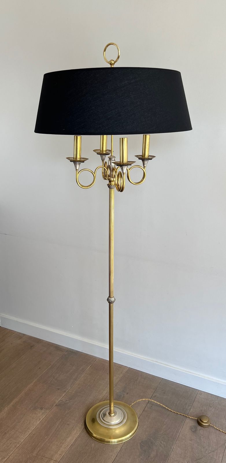 Pair Of Parquet Floor Lamps In Brushed Steel And Brass. In The Style Of Maison Charles photo Lighting