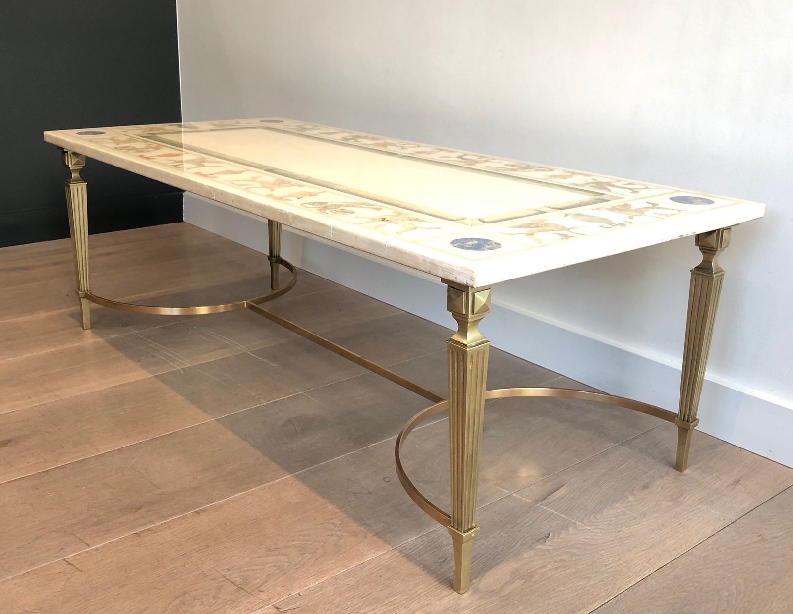 Neoclassical Style Coffee Table In Bronze And Brass With Marble Top Decorated With Greek Motifs photo for sale