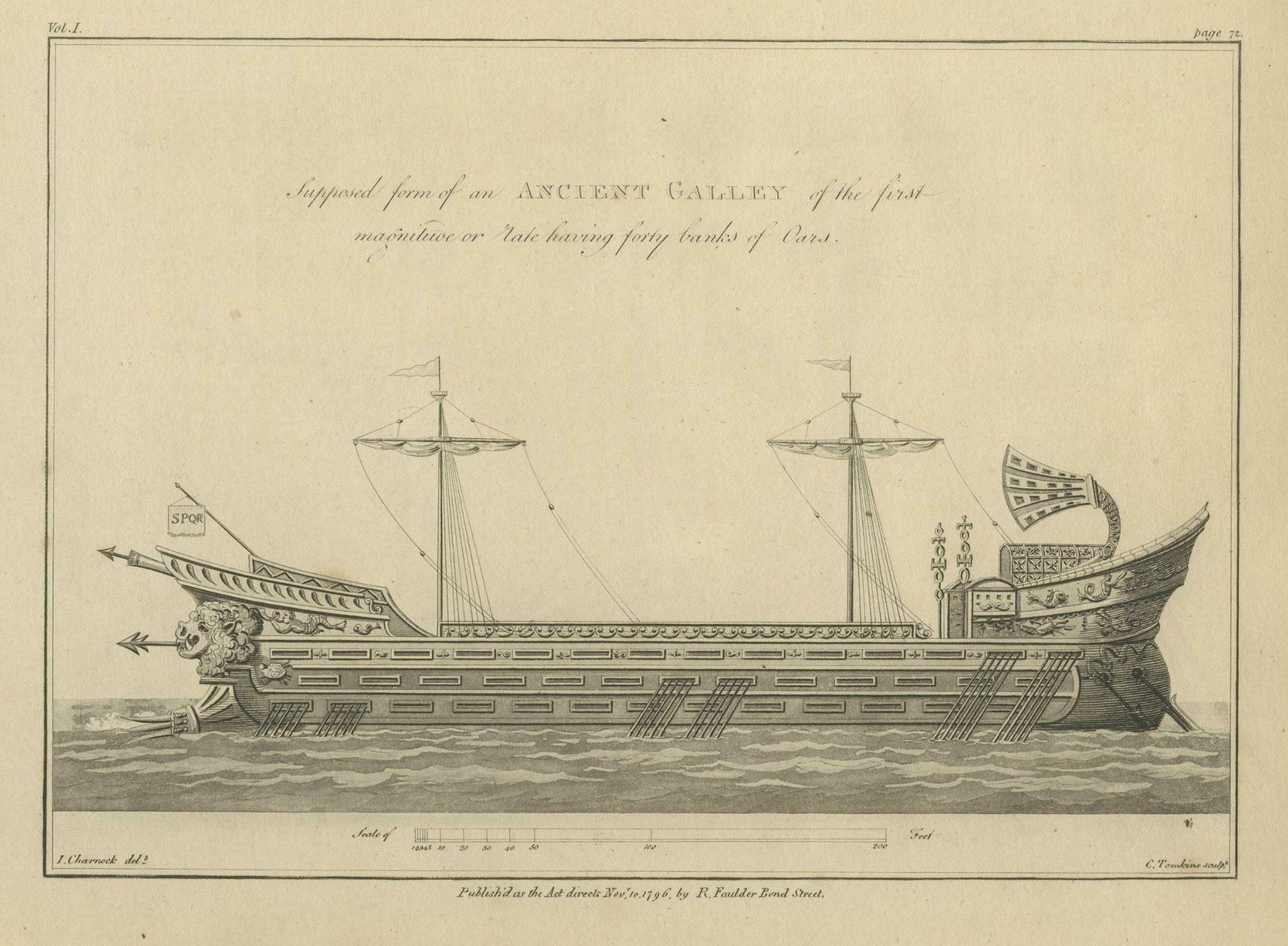Original Antique Print Of An Ancient Galley, 1802 photo for sale