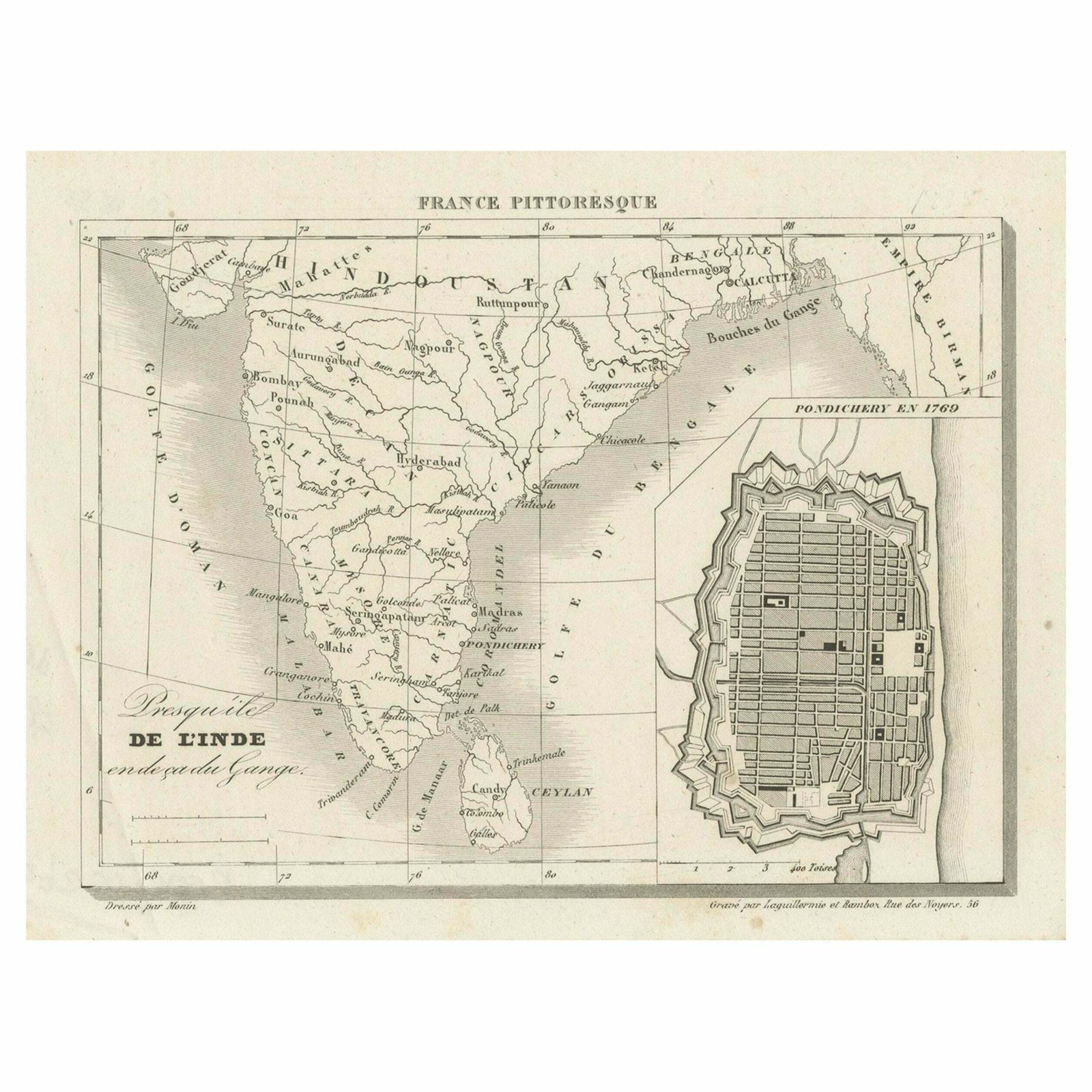 French Antique Map Of India With An Inset Of Pondicherry, 1835