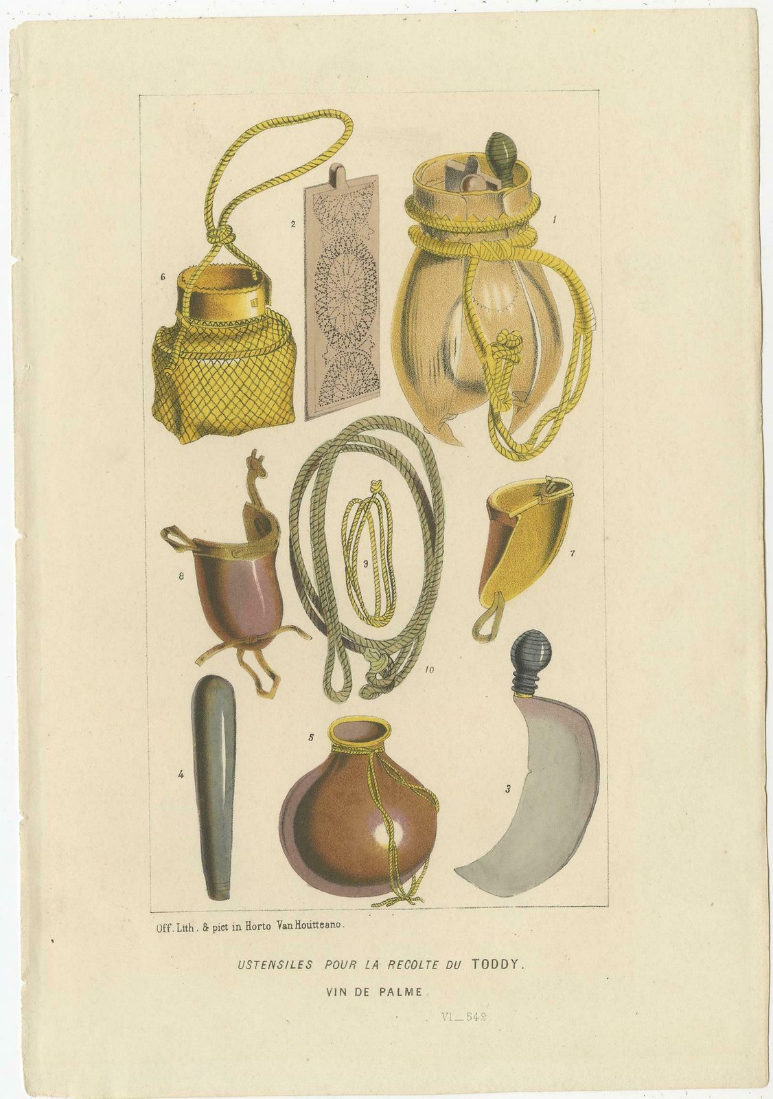 Antique Lithograph Of Utensils To Harvest Palm Wine Or Toddy, 1851 photo furniture
