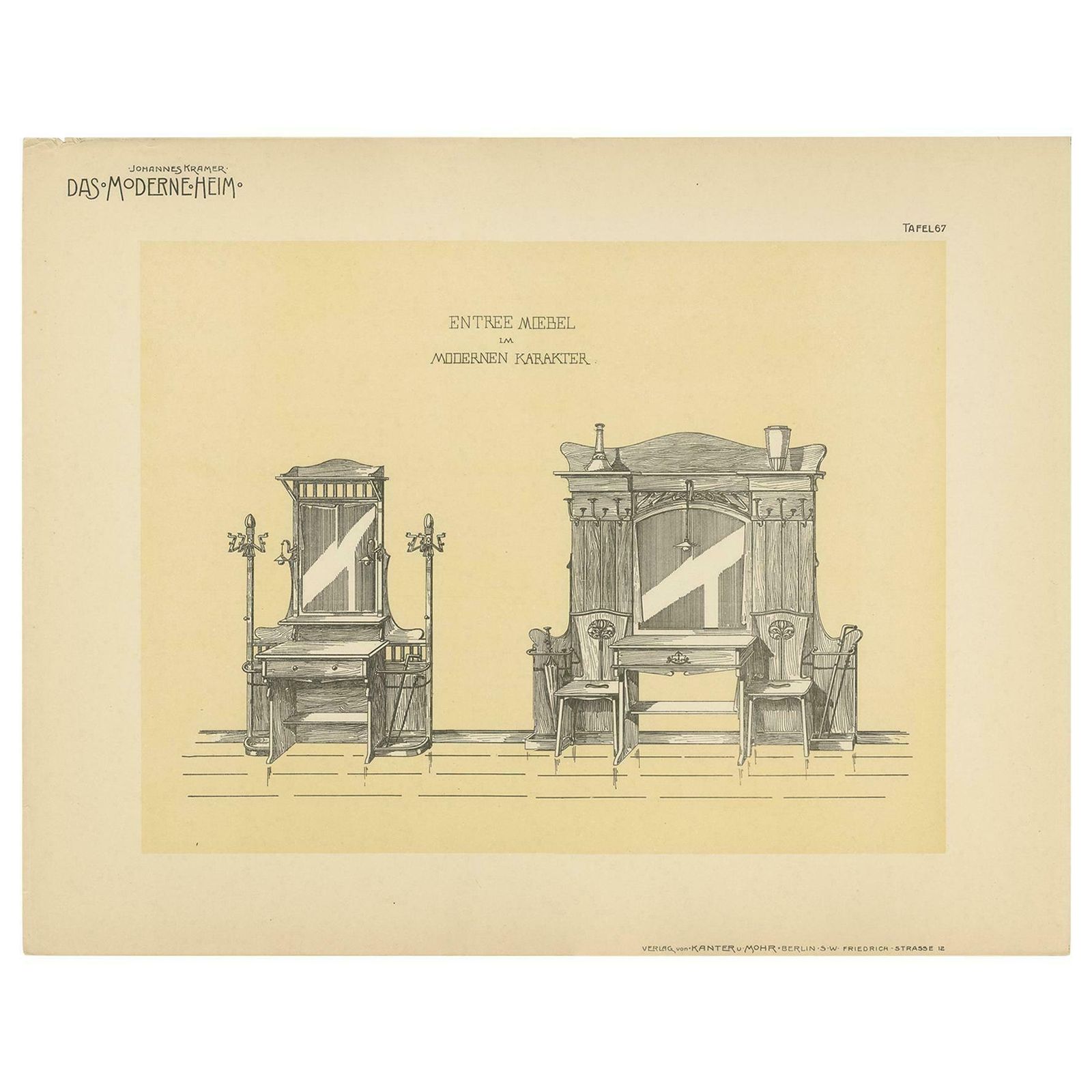 Antique Design Print Of Entryway Furniture By Kramer, Circa 1910