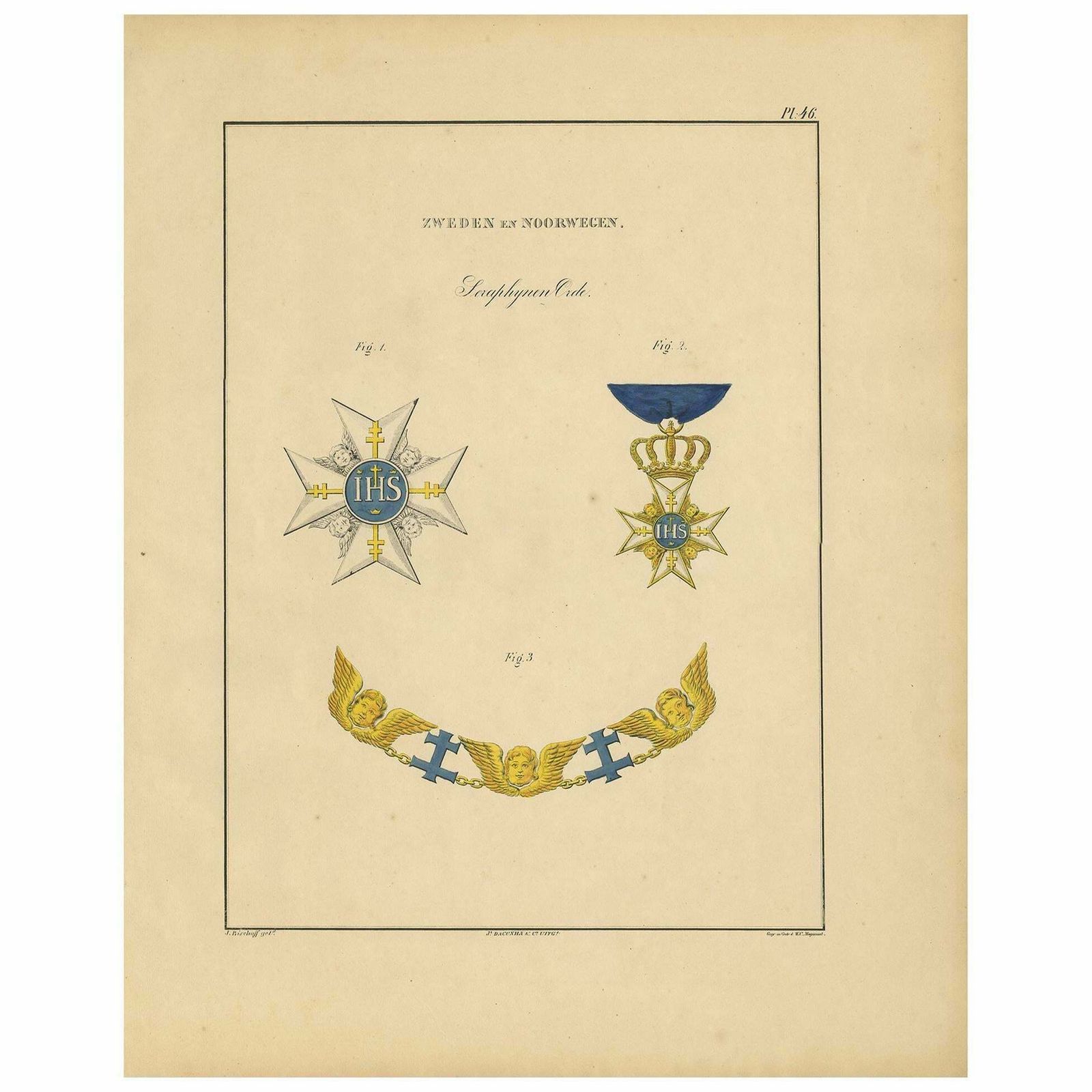 Rare Antique Print Of Various Medals Of Sweden & Norway ‘III’ , 1843