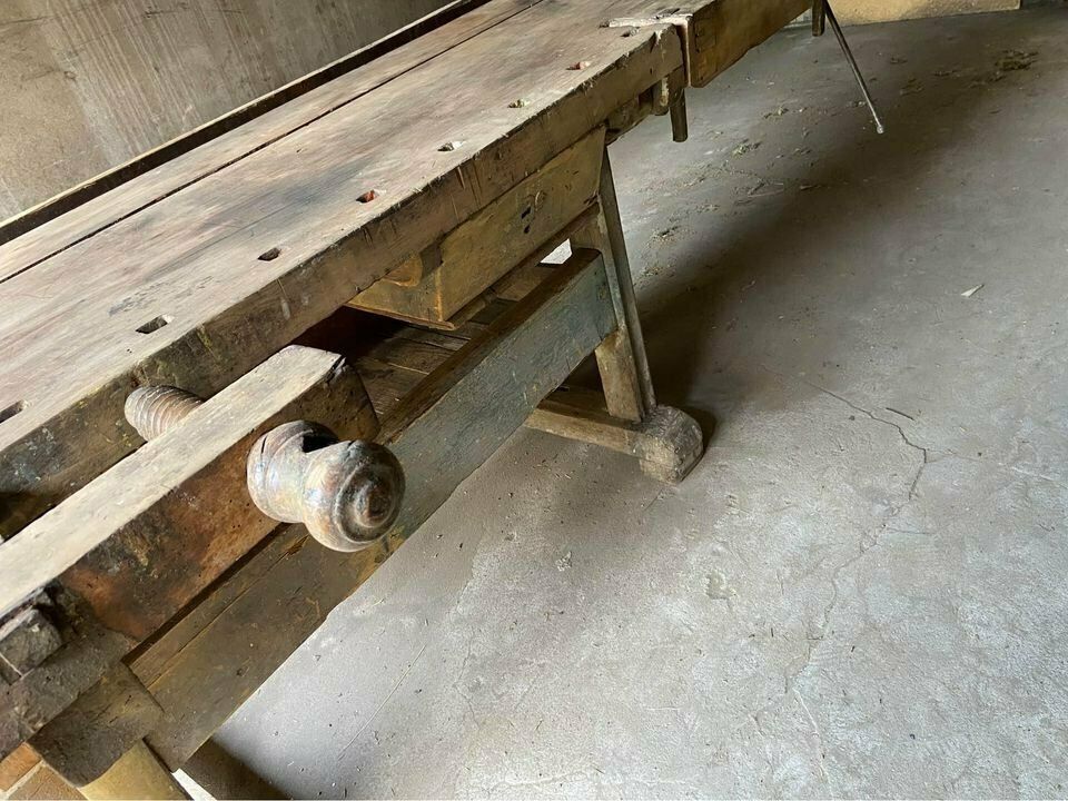 Antique Carpenters Workbench With Drawer And Shelf, 1860s photo for sale