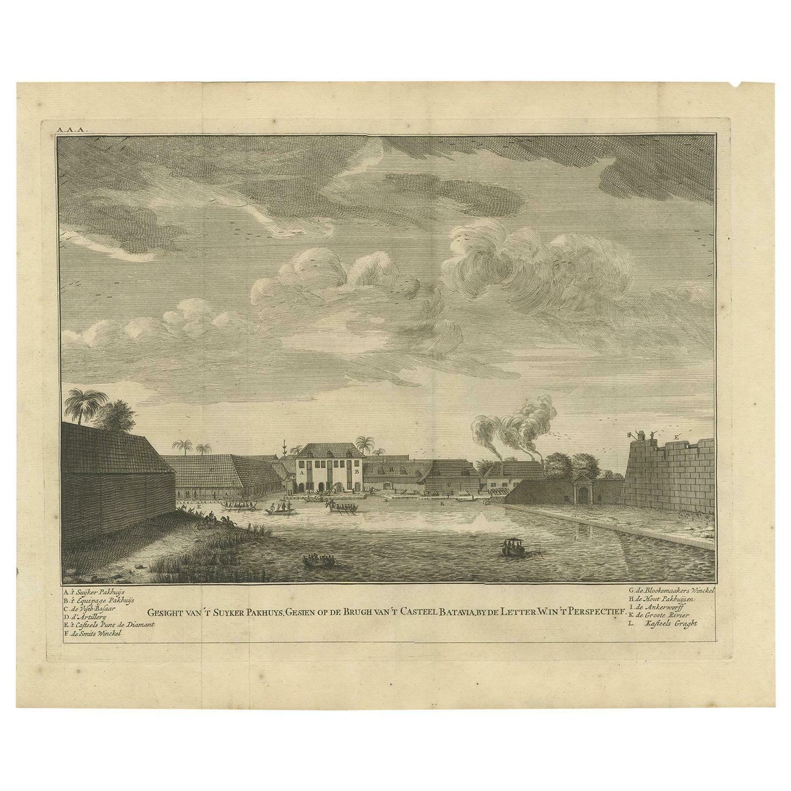 Antique Print Of The Sugar Warehouse Of Batavia By Valentijn, '1726'