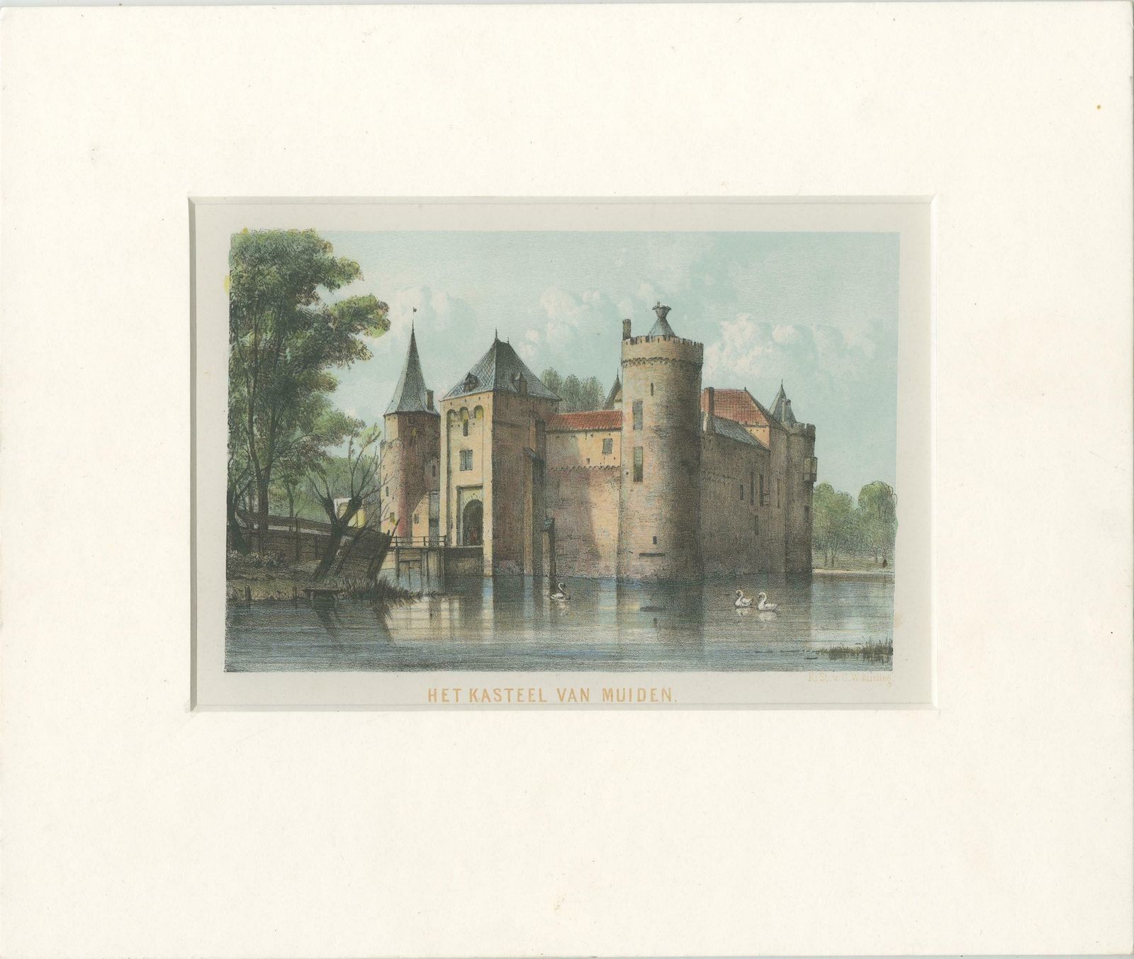 Antique Hand Colored View Of Muiden Castle, The Netherlands, Ca.1895 photo furniture