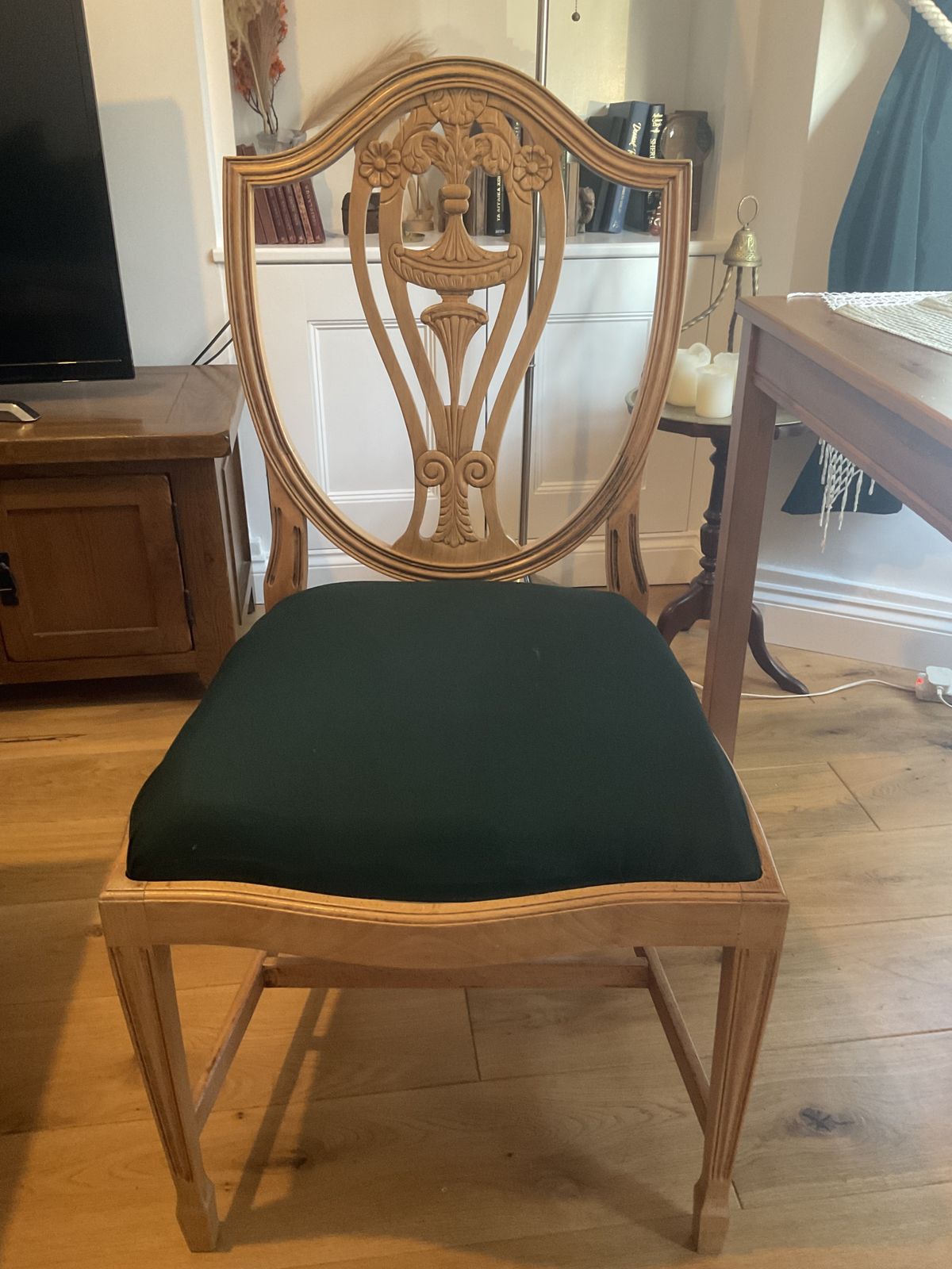 Wooden Chair With Carved Backrest And Upholster Seat