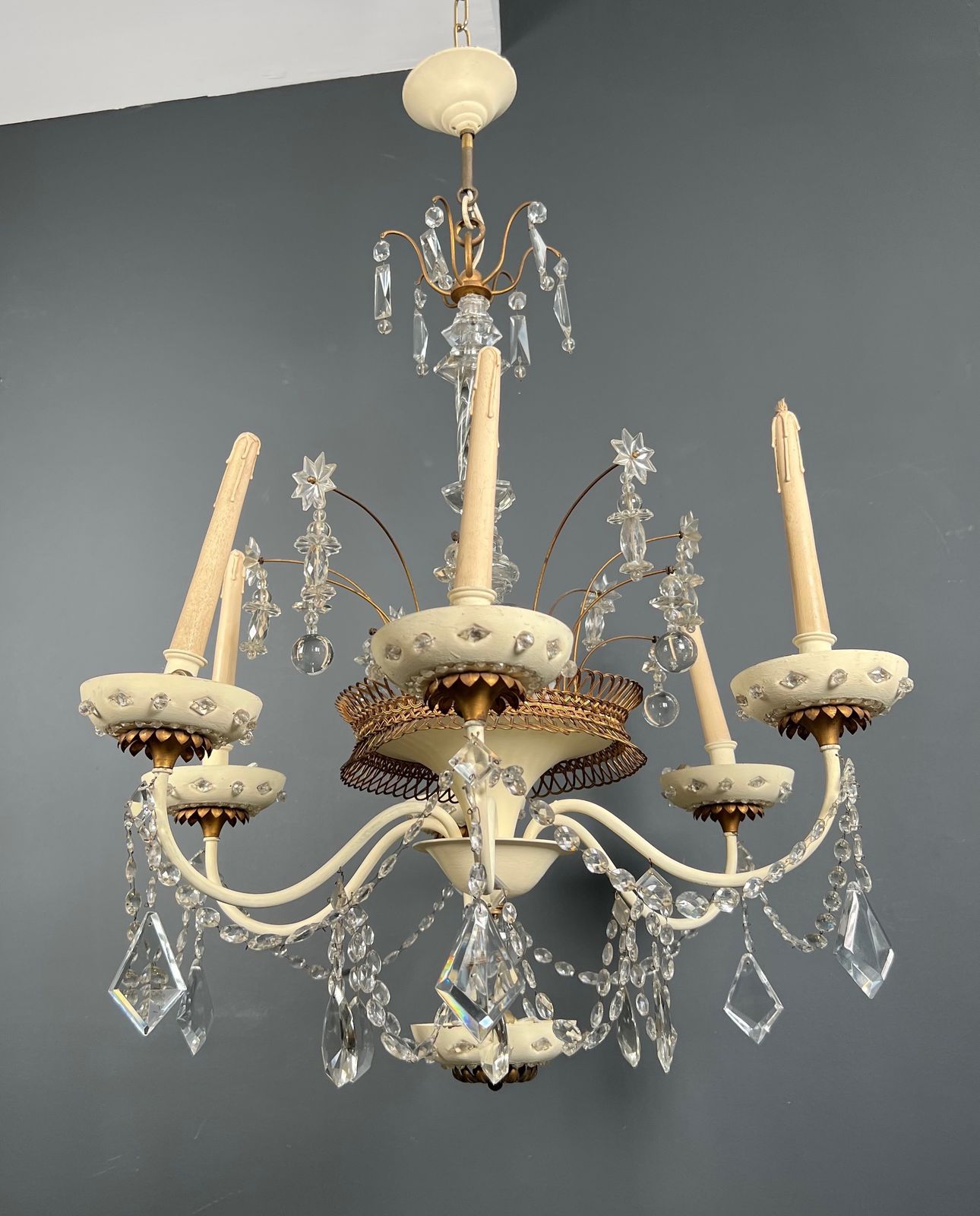 photo buy Chandelier In Lacquered And Gilded Sheet Metal And Crystals From Maison Baguès. Circa 1940