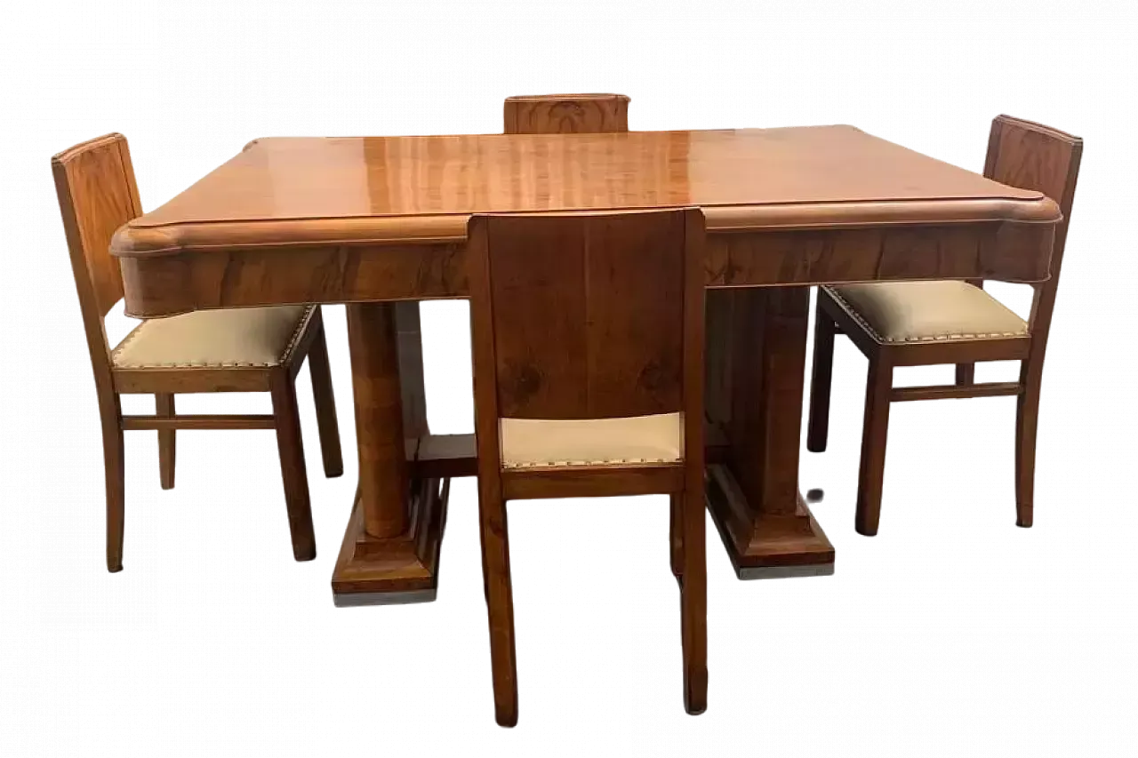 4 Chairs And Table In Walnut And Walnut Feather, 1940s