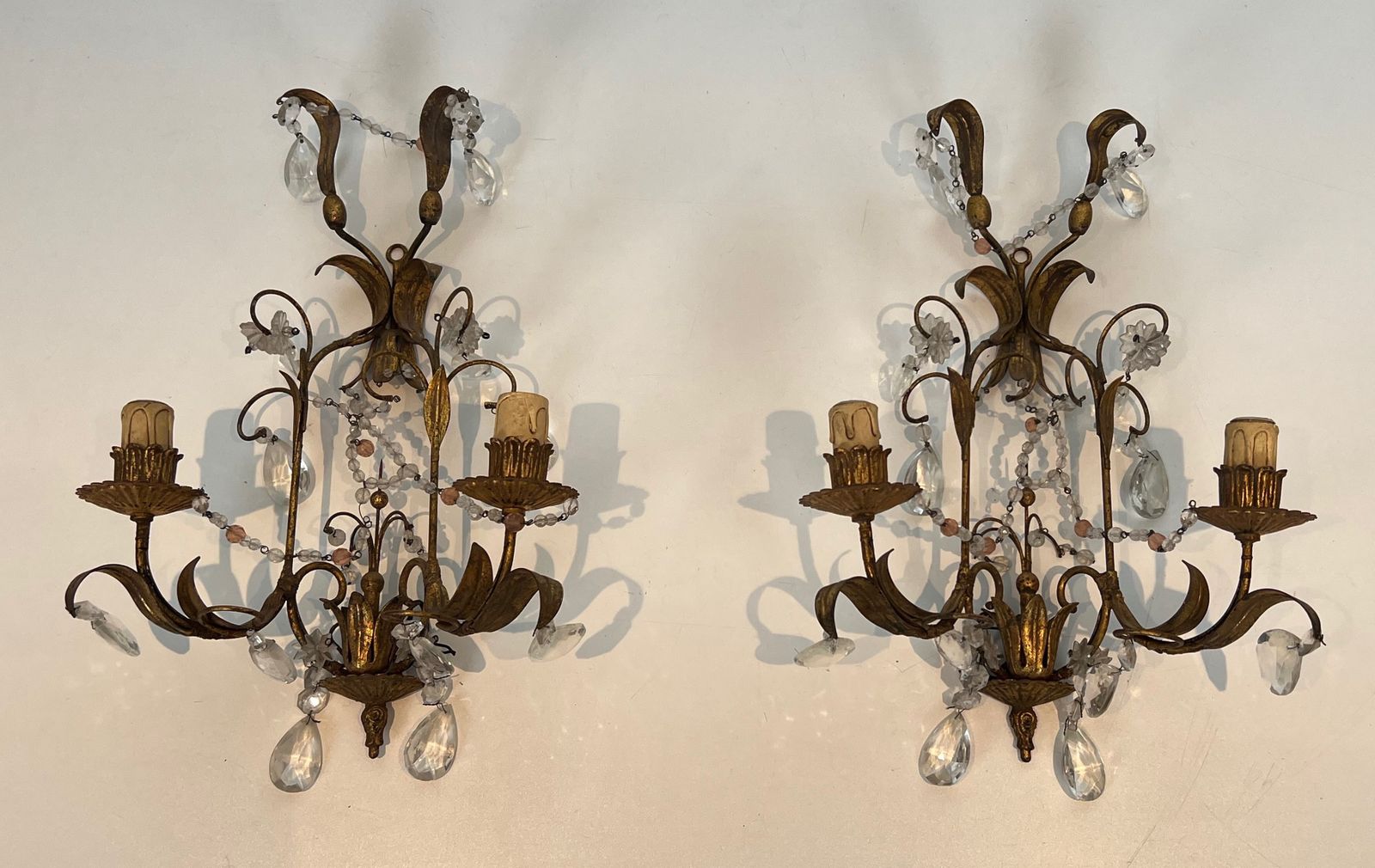 Pair Of Wall Lights In Gilded Metal And Crystals In The Style Of Maison Baguès