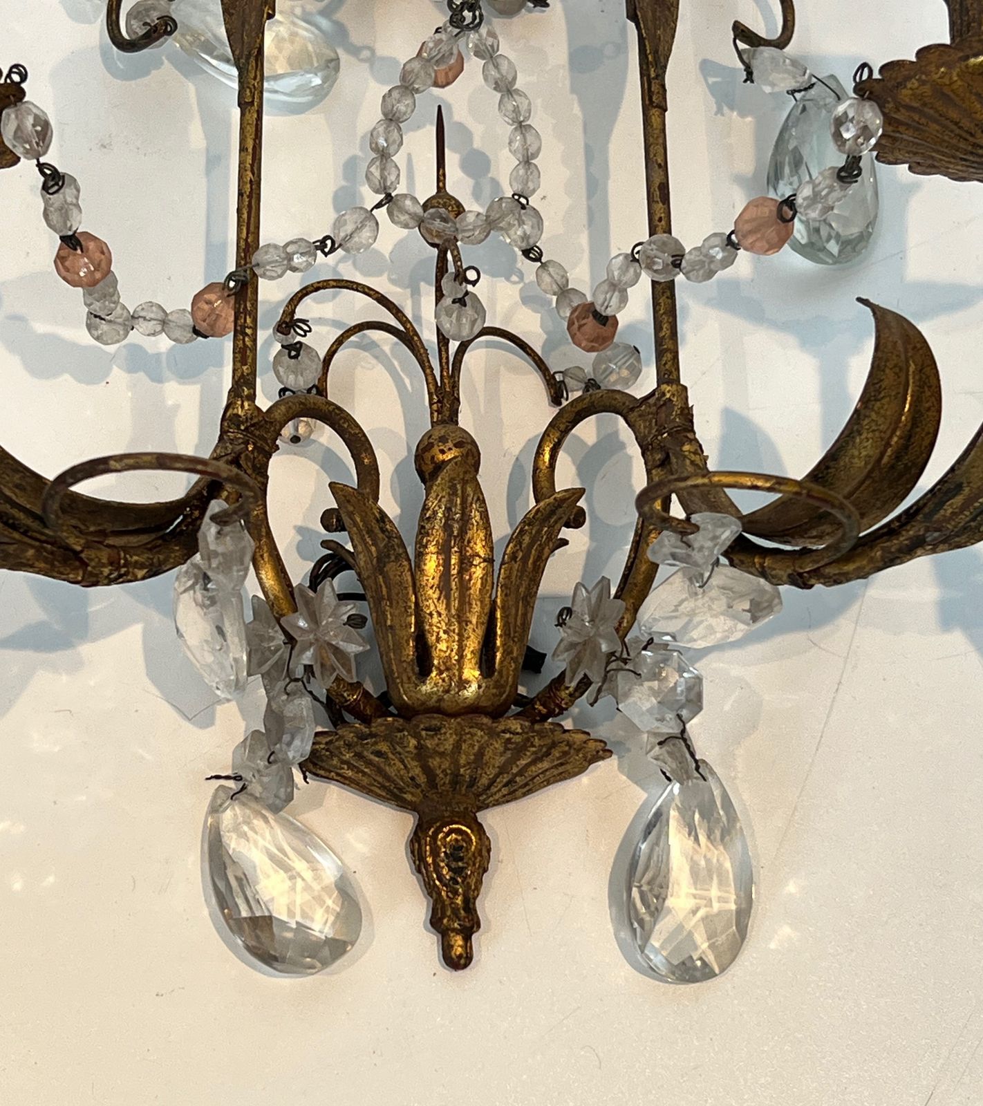 photo furniture Pair Of Wall Lights In Gilded Metal And Crystals In The Style Of Maison Baguès