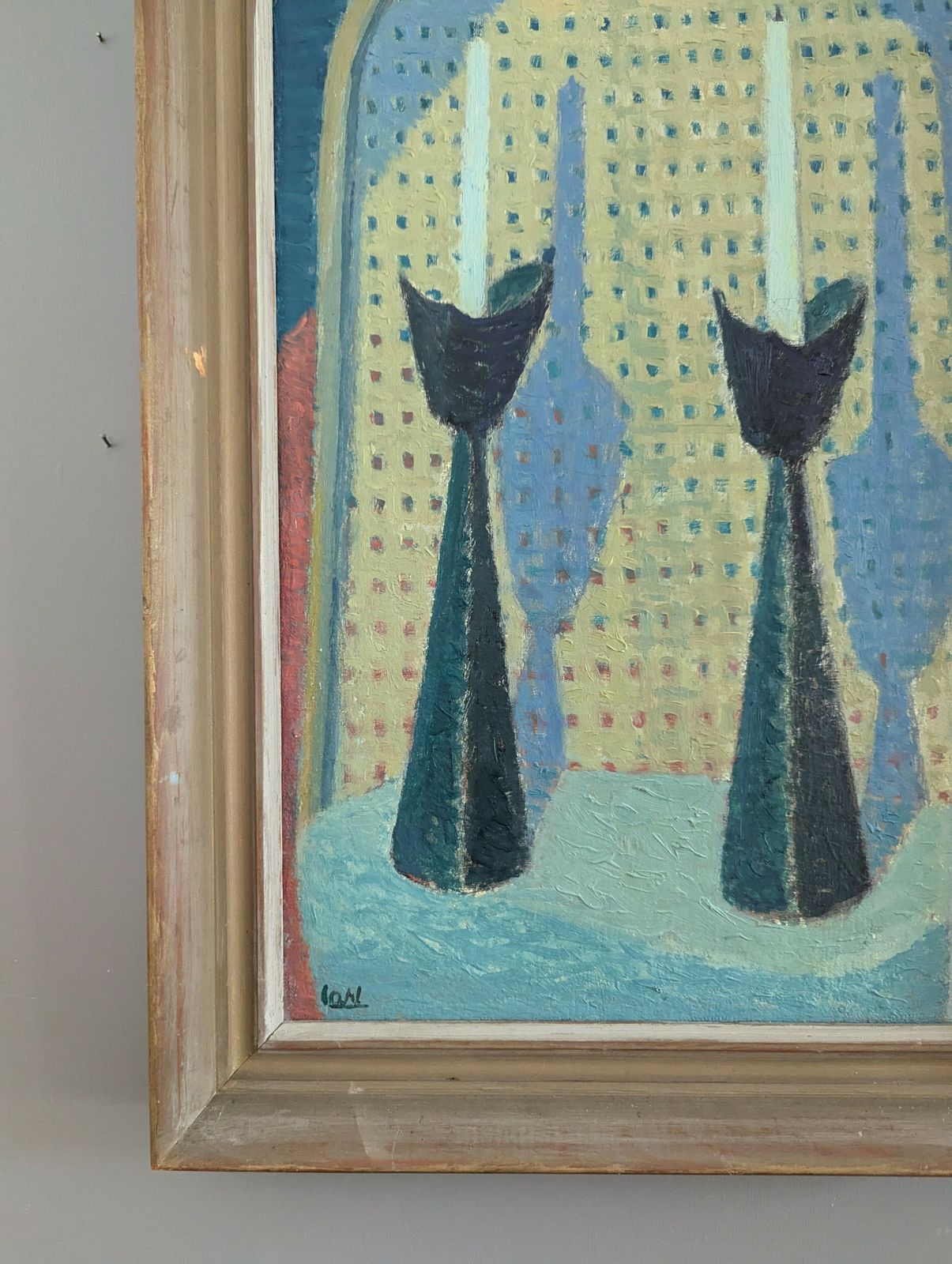 Candlesticks, Mid 20th Century  Oil Painting photo vintage