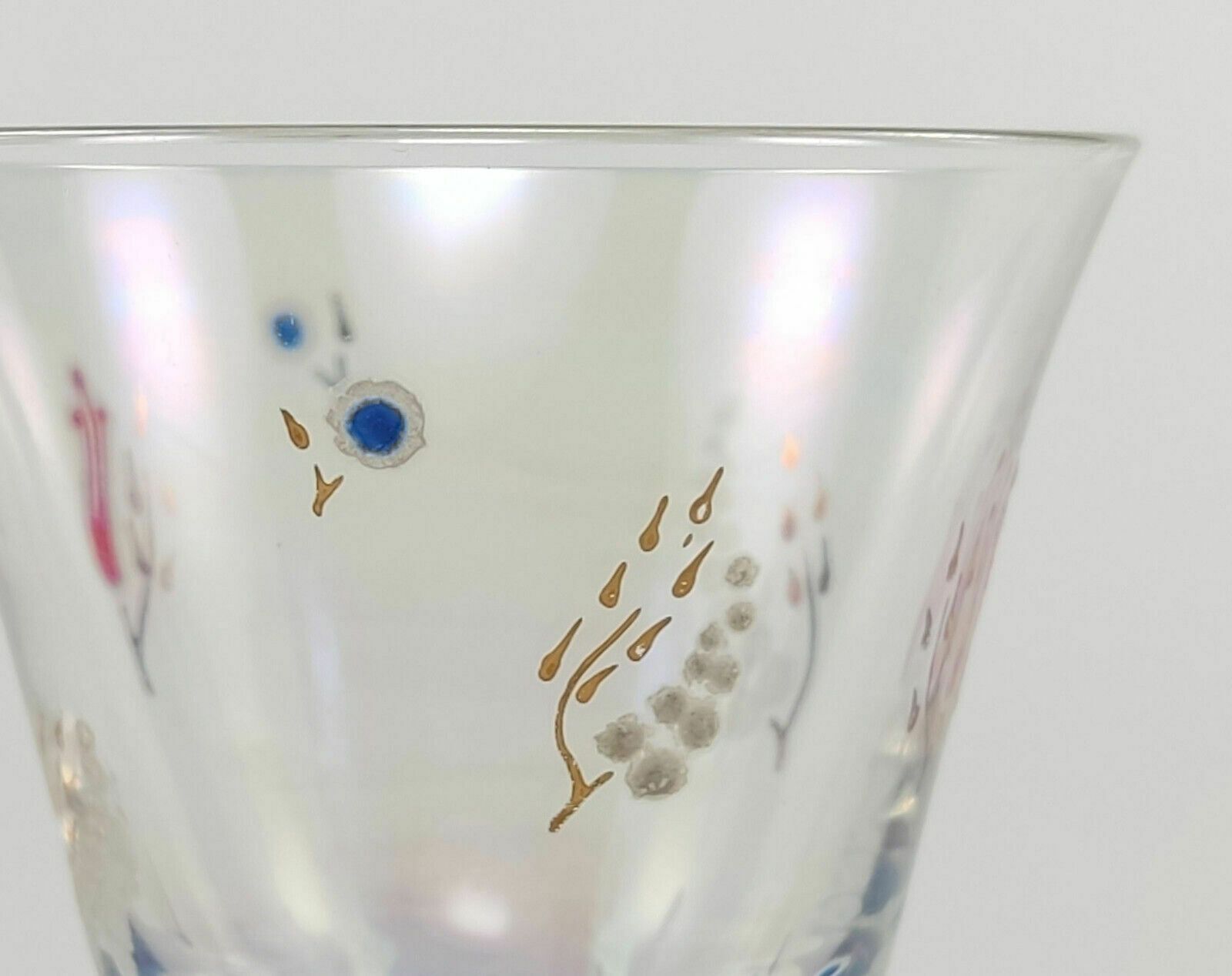 Scarce 1940s Murano Anzolo Fuga X6 Liqueur Glasses With Enamel & Gilt Flowers Decoration photo for sale