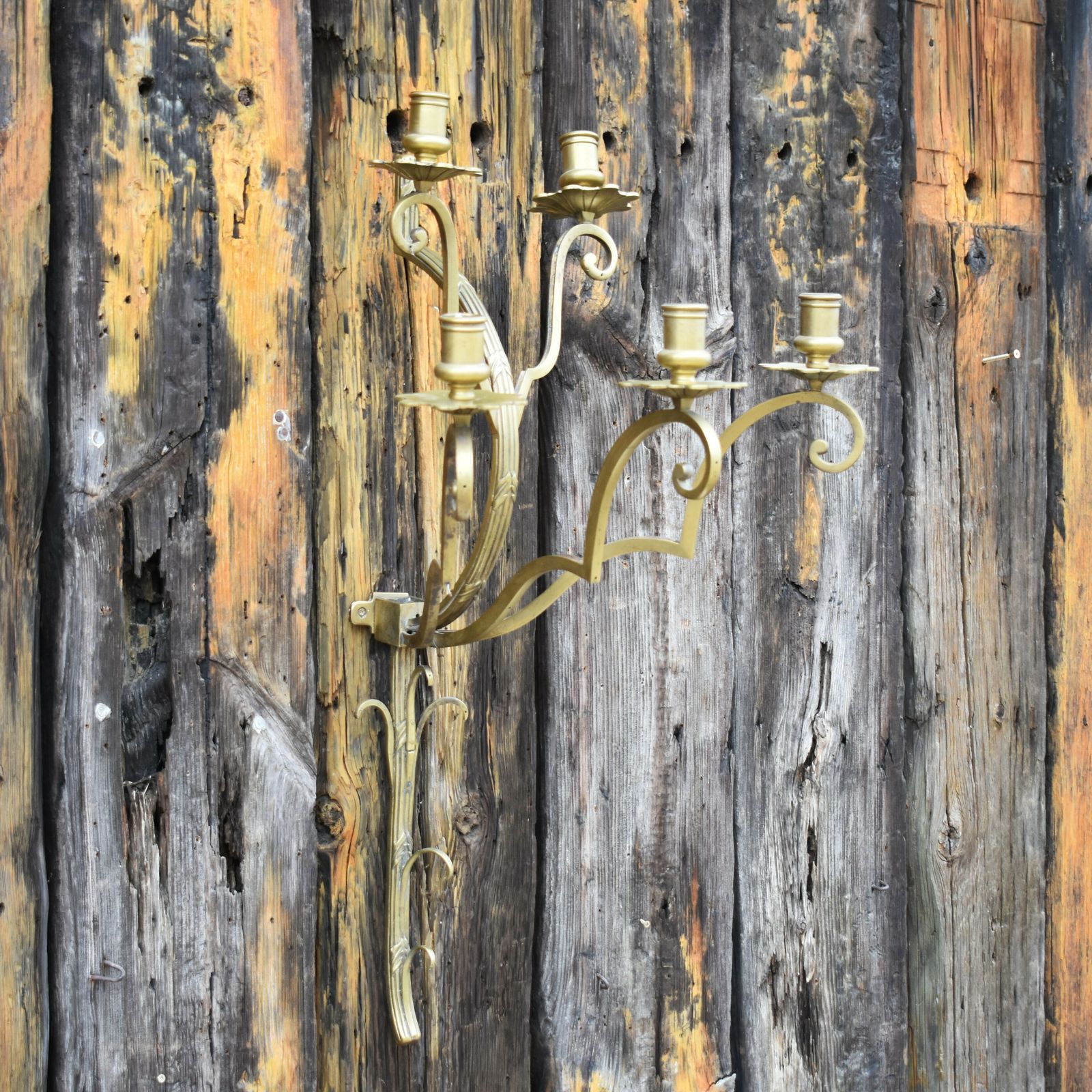Antique Art Deco Gilt Brass Candelabra Candle Sconce Wall Light Fitting photo vintage