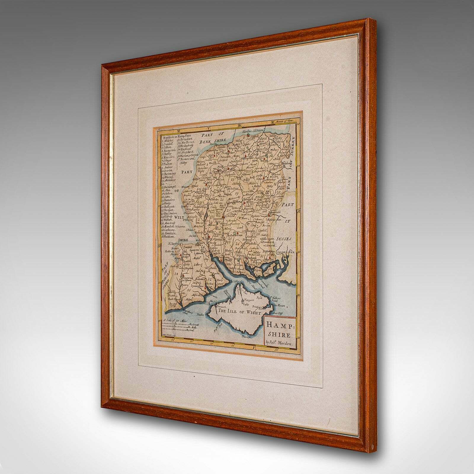 Antique County Map, Hampshire, English, Framed Cartography, Robert Morden, 1700 photo for sale