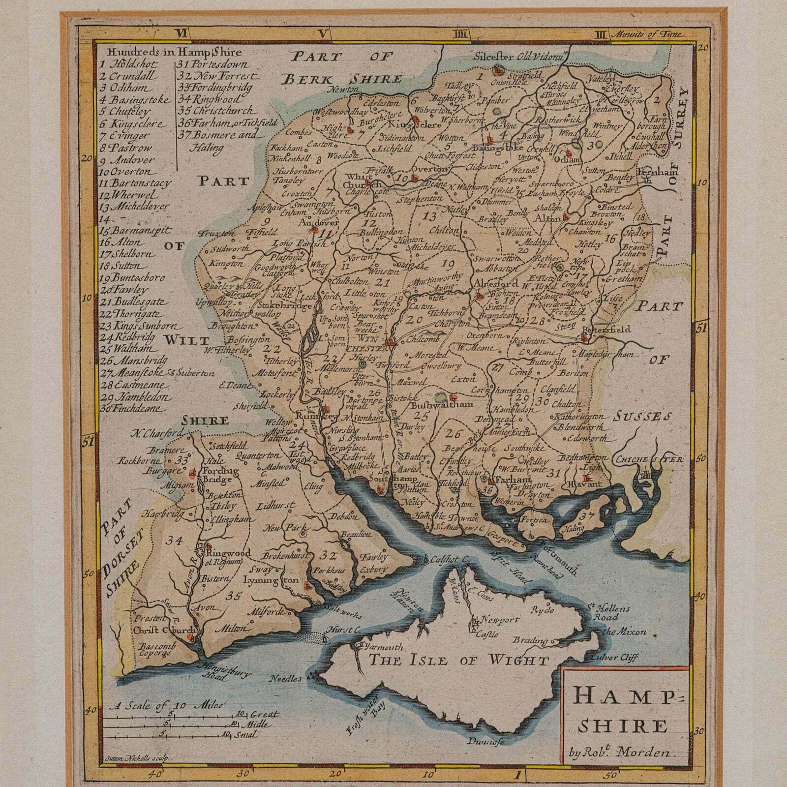 Antique County Map, Hampshire, English, Framed Cartography, Robert Morden, 1700 photo 495.0