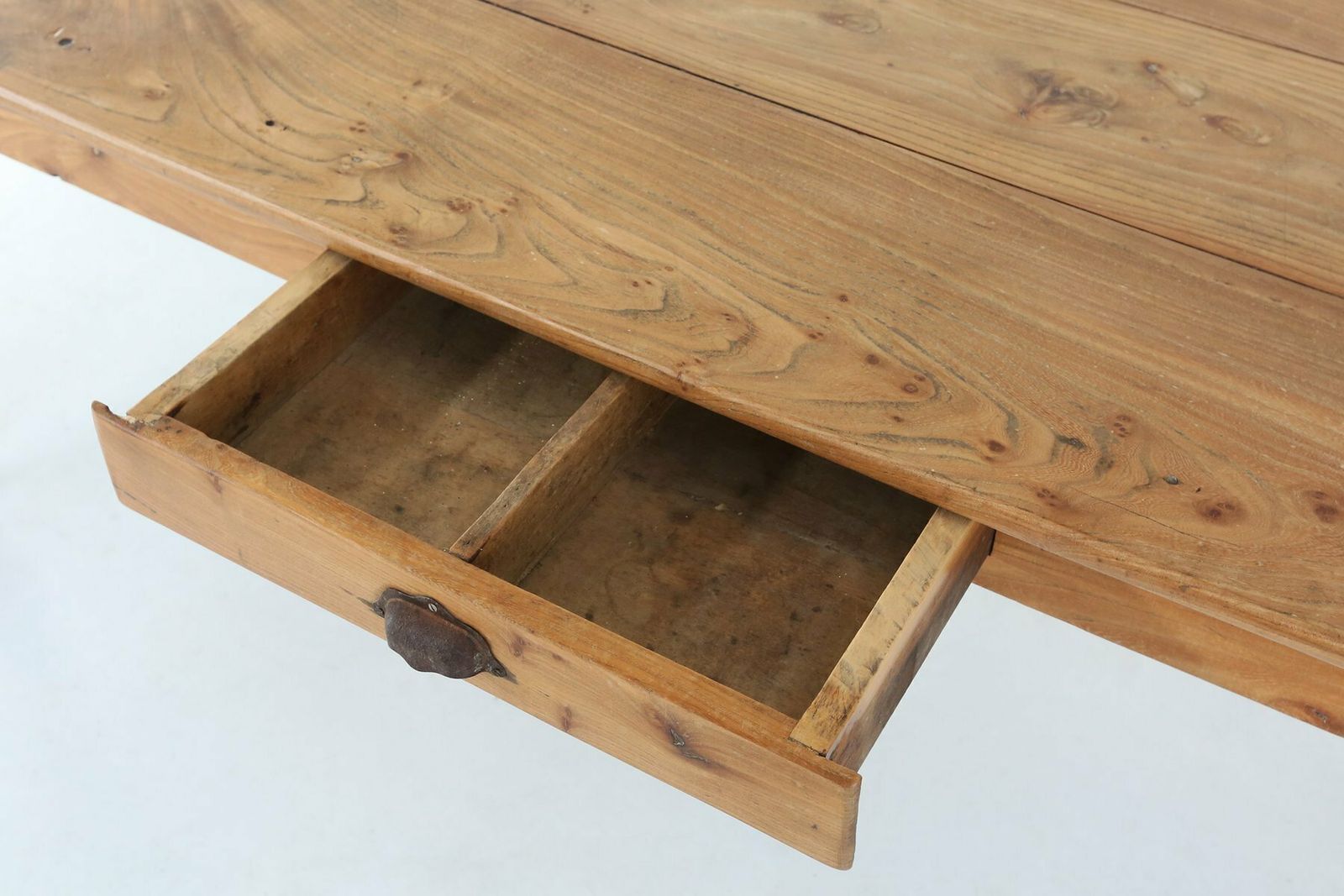 photo for sale French Wabi Sabi Style Dining Table In Elm With Drawer, 1850s