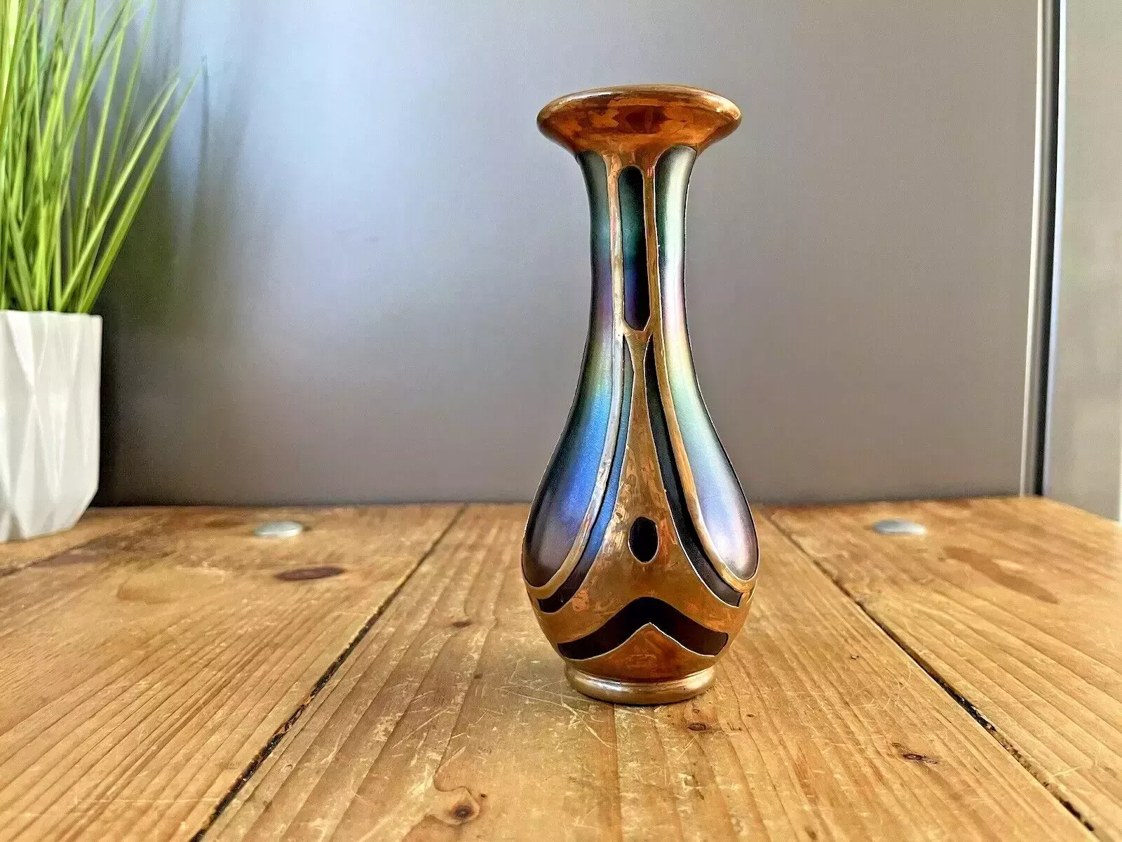 195.0 Nouveau Secessionist Bohemian Iridescent Glass Copper Clad Vase By Carl Goldberg photo