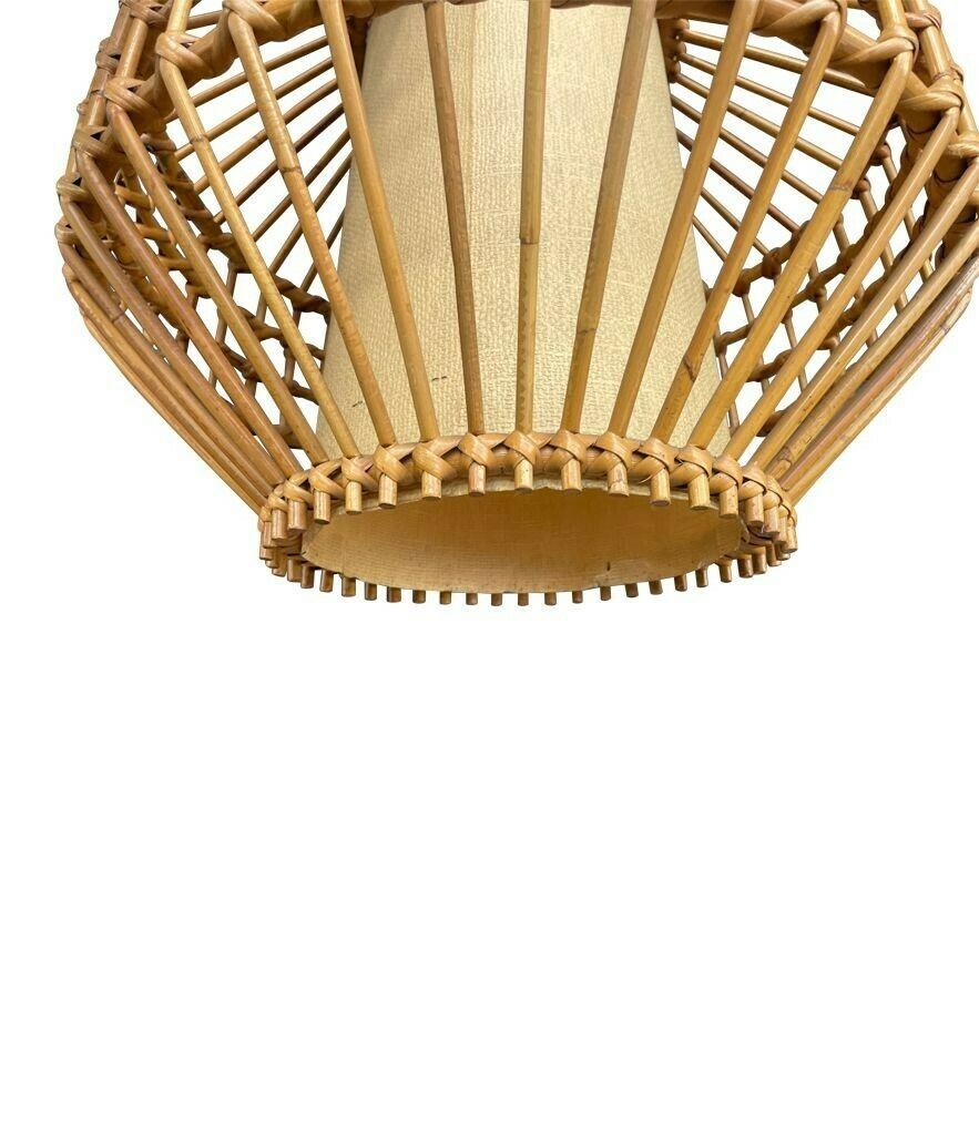 A French 1960s Woven Bamboo And Parchment Hanging Light By Louis Sognot photo vintage