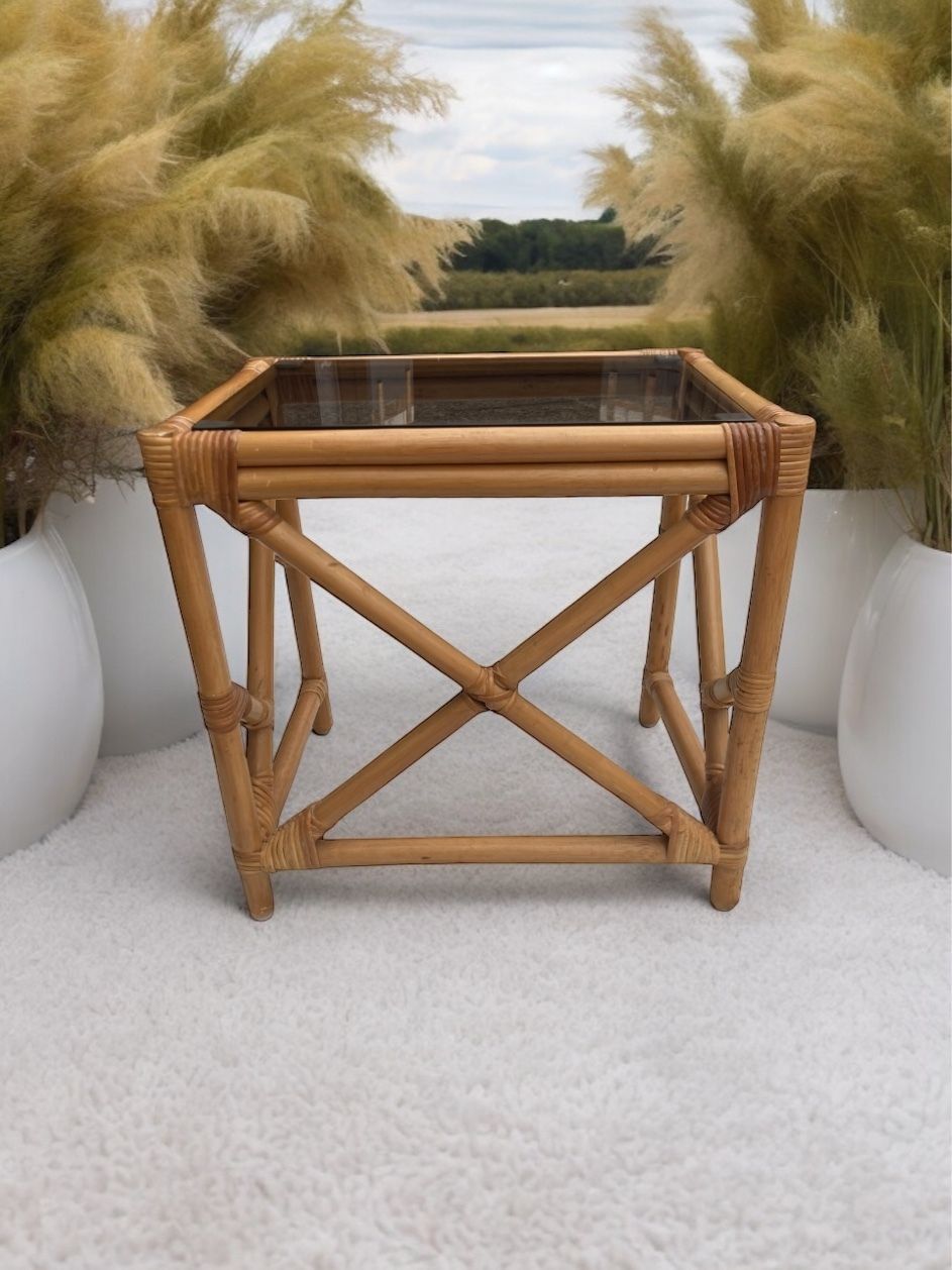 Retro Nest Of Bamboo And Smoked Glass Coffee Tables
