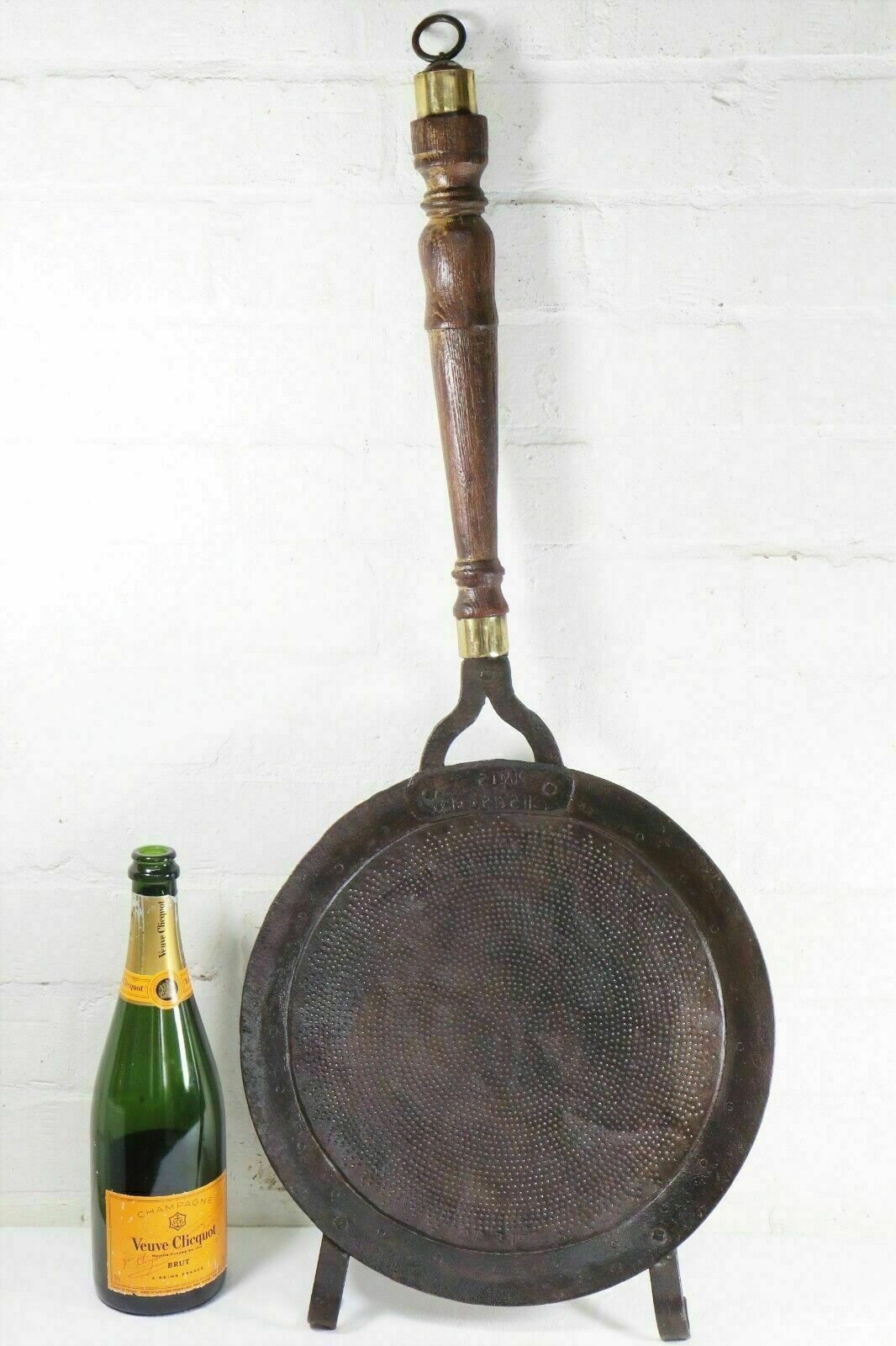 Antique Indian Ethnic Cooking Sieve Large Decorative Metal & Brass Wooden Handle photo furniture