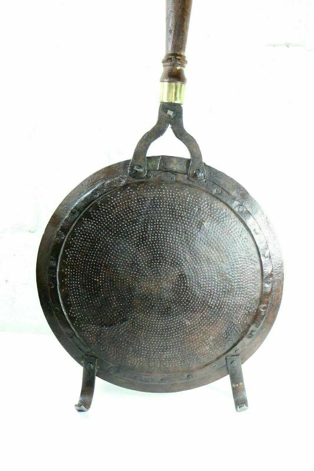Antique Indian Ethnic Cooking Sieve Large Decorative Metal & Brass Wooden Handle photo vinterior