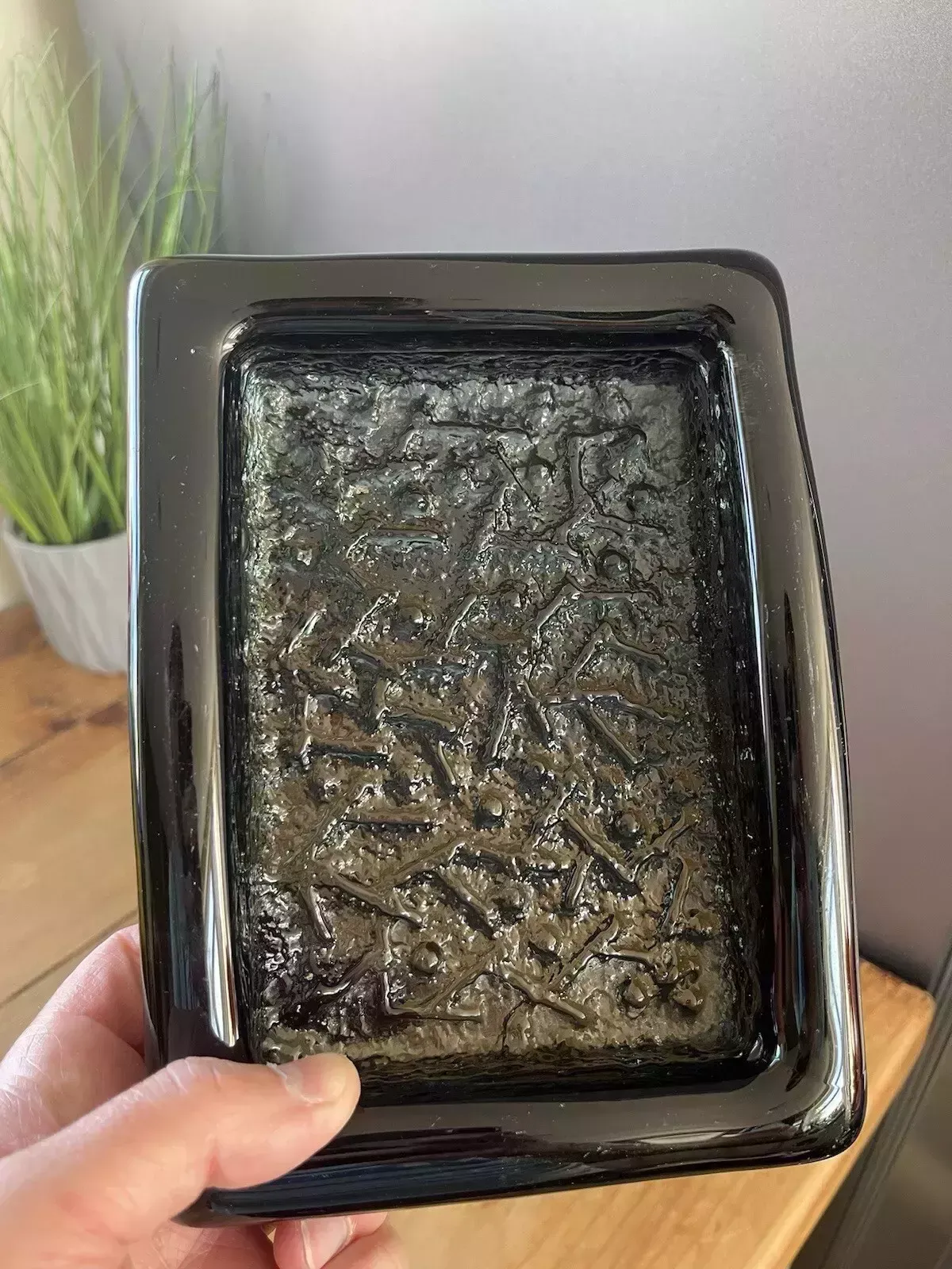 photo buy Mid Century Swedish Ruda Glasbruk Abstract Textured 60's Glass Slab Ashtray Dish