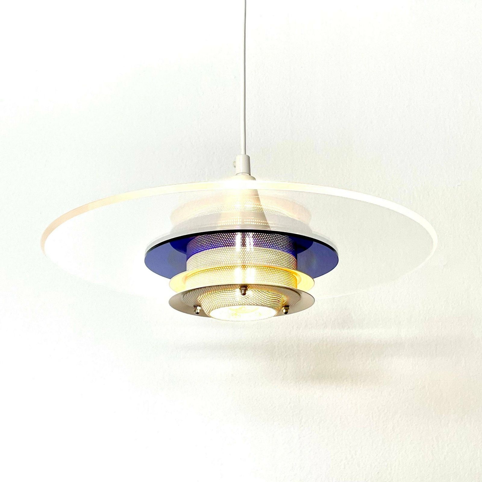 Danish Vintage Postmodern Minimalist Space Age Acrylic Multilayer Ceiling Lamp With Blue And White Details   Design By Design Light